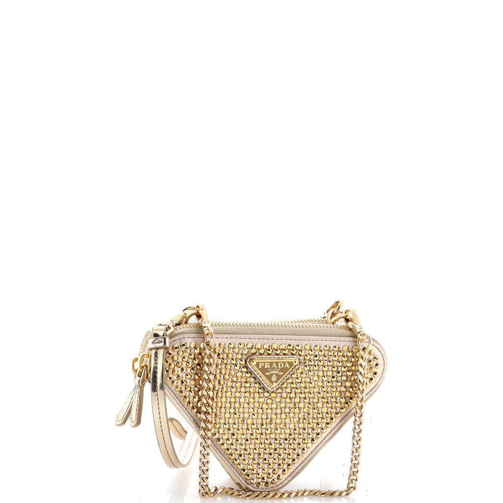 Triangle Double Pouch Crossbody Crystal Embellished Satin Mini