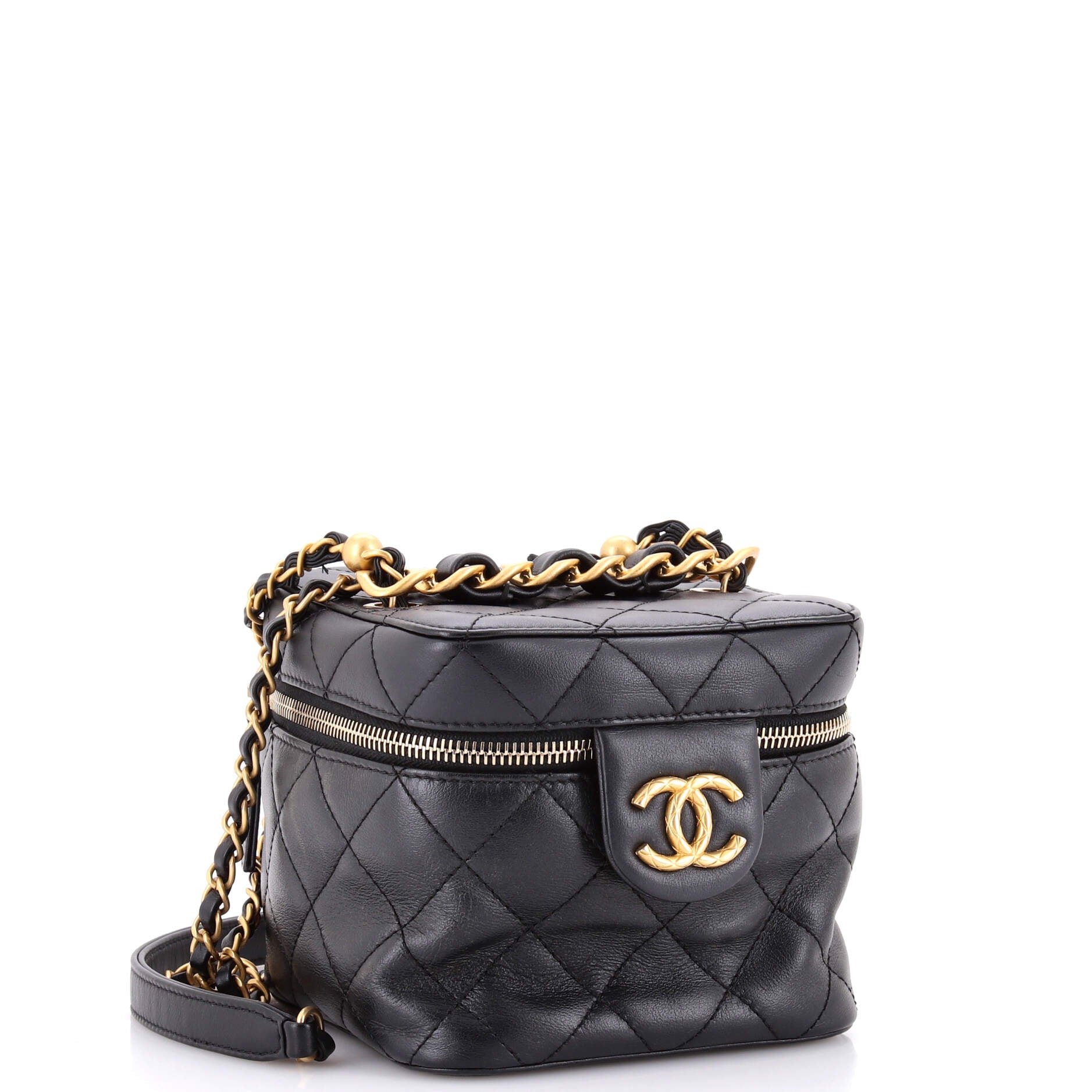 Chain Bar Vanity Case with Chain Quilted Calfskin Small