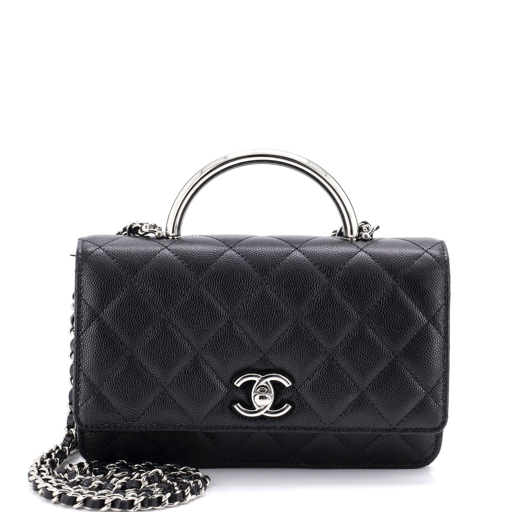 Metal and Resin Top Handle Wallet on Chain Quilted Caviar