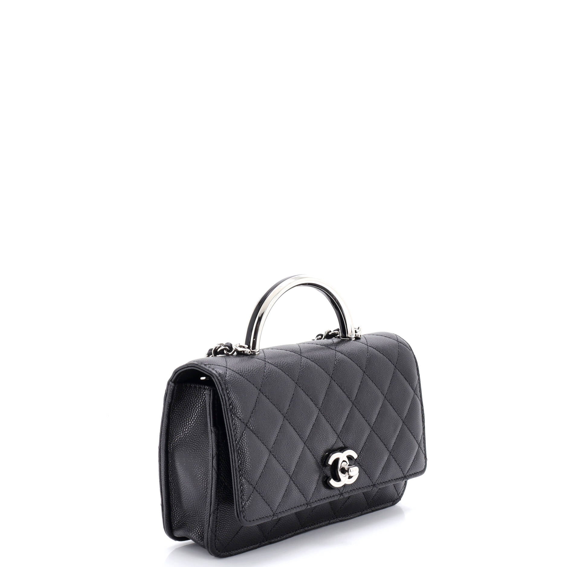 Metal and Resin Top Handle Wallet on Chain Quilted Caviar
