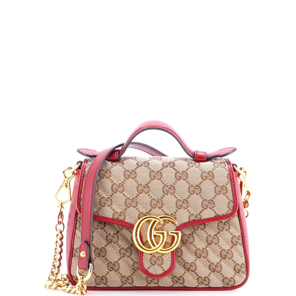GG Marmont Top Handle Flap Bag Diagonal Quilted GG Canvas with Leather Mini