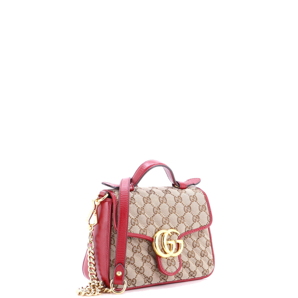 GG Marmont Top Handle Flap Bag Diagonal Quilted GG Canvas with Leather Mini
