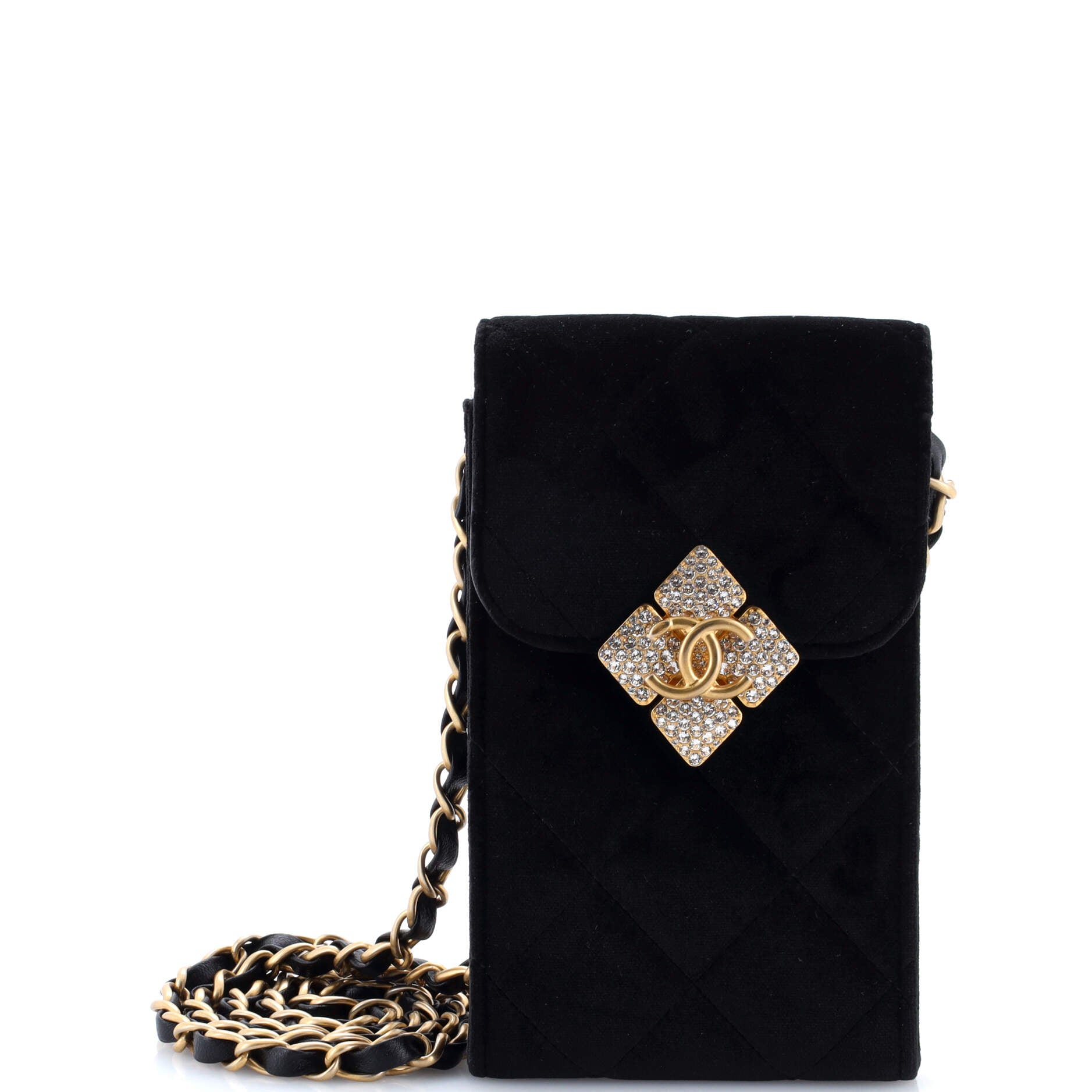 Diamond Lock CC Phone Holder with Chain Quilted Velvet with Crystals