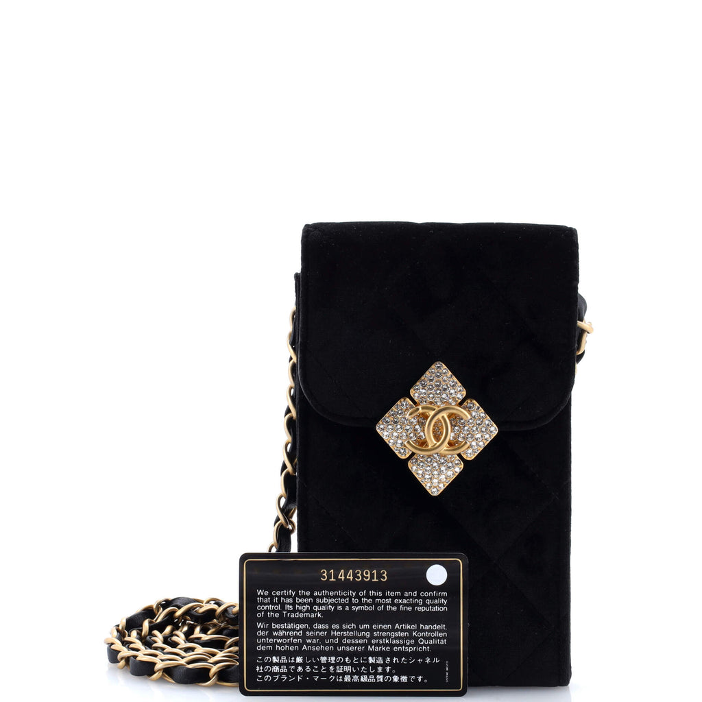 Diamond Lock CC Phone Holder with Chain Quilted Velvet with Crystals