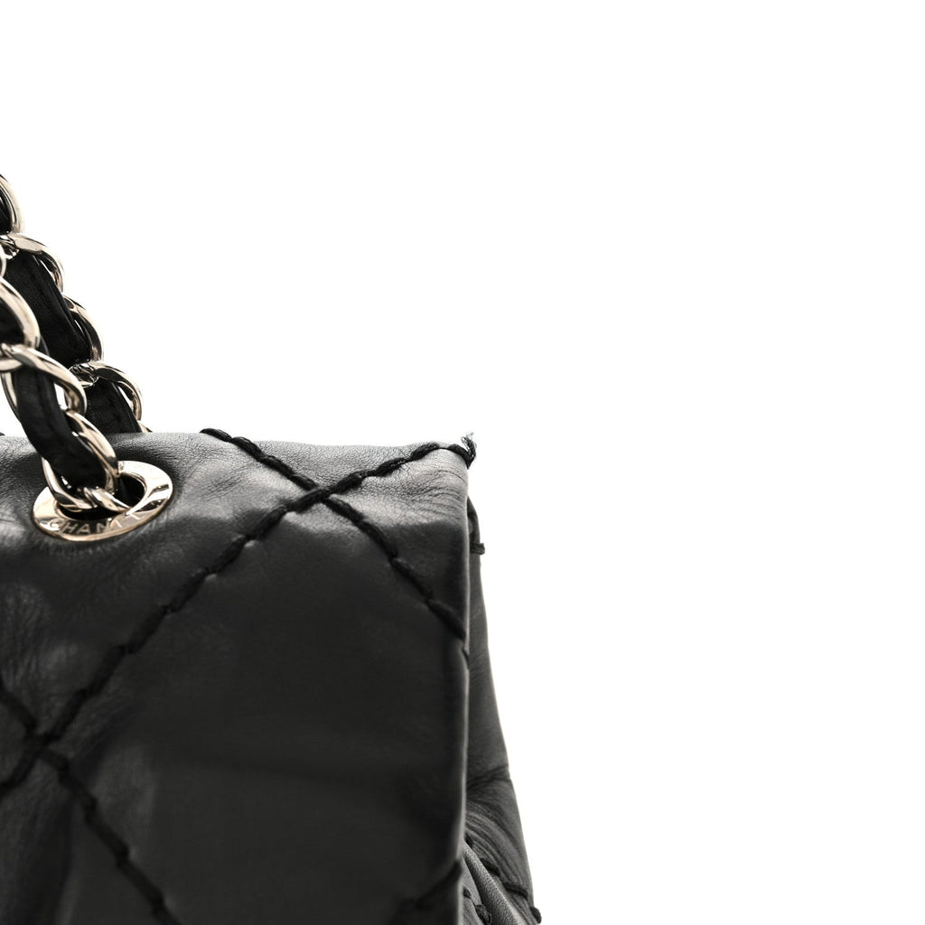 Calfskin Stitched Large Expandable Flap Bag Black