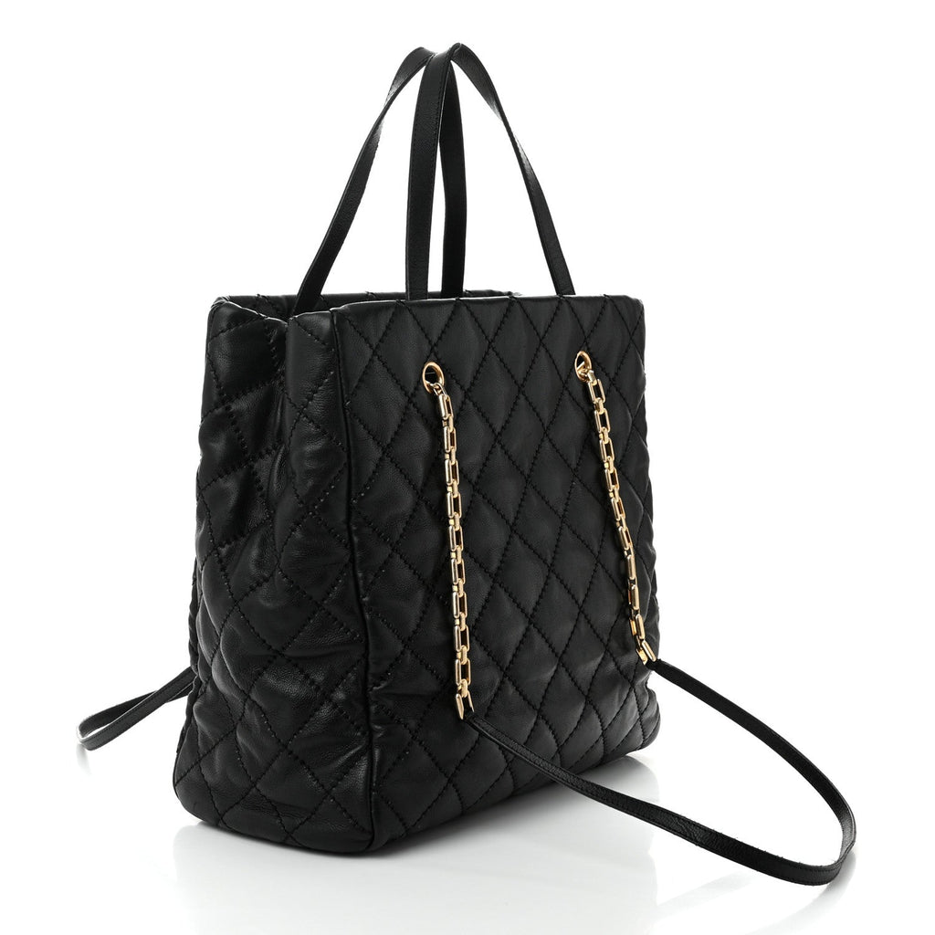 Calfskin Quilted Large Retro Chain Tote Black