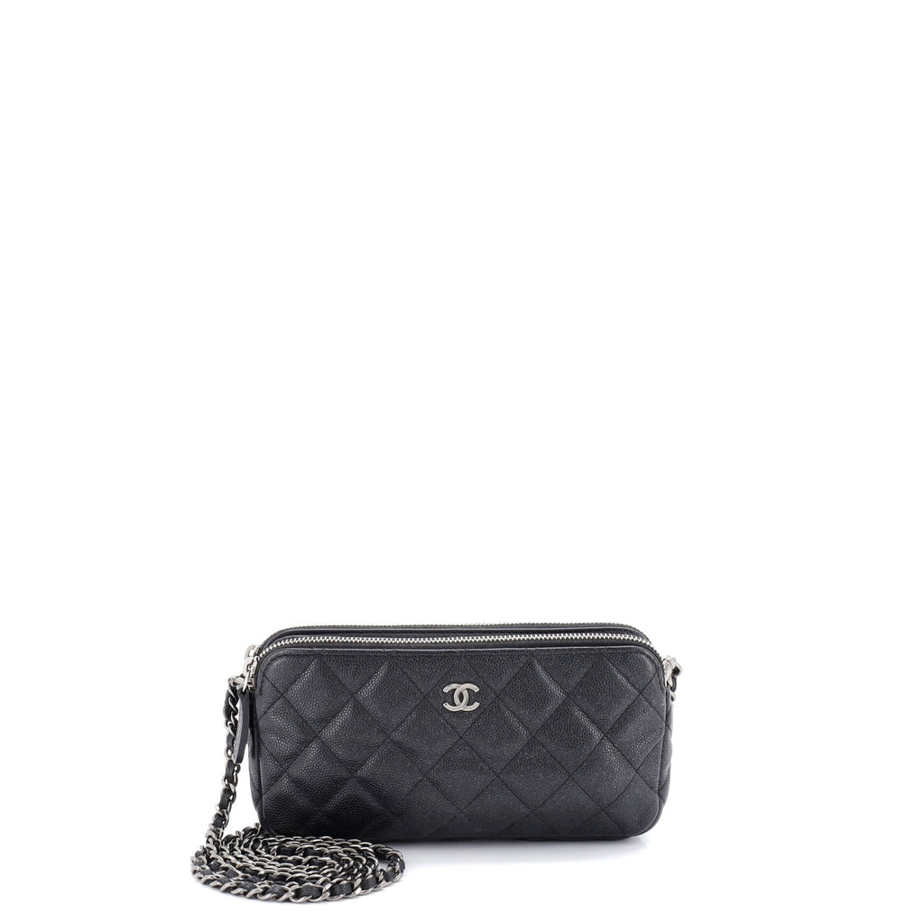 Double Zip Clutch with Chain Quilted Caviar