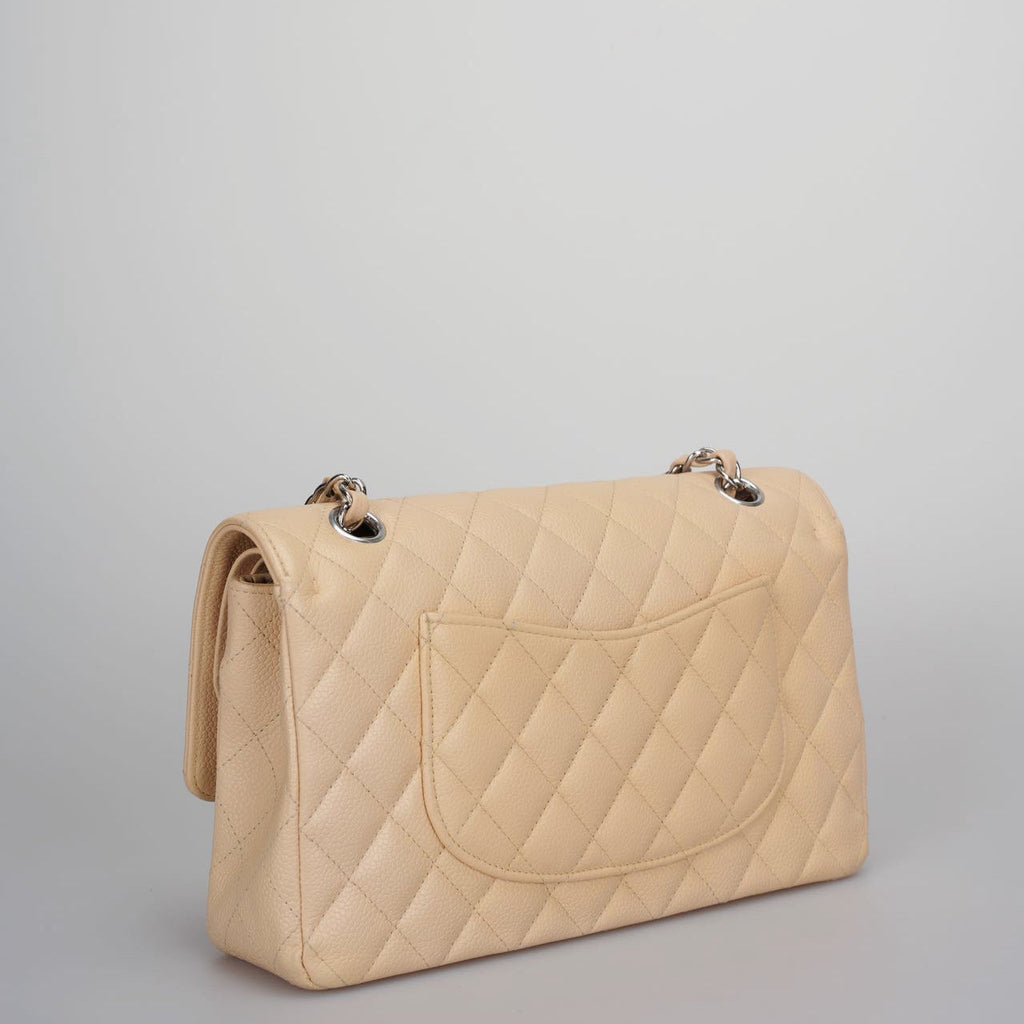 Chanel Beige Classic Double Flap Bag Medium in Quilted Caviar Leather with Silver Hardware