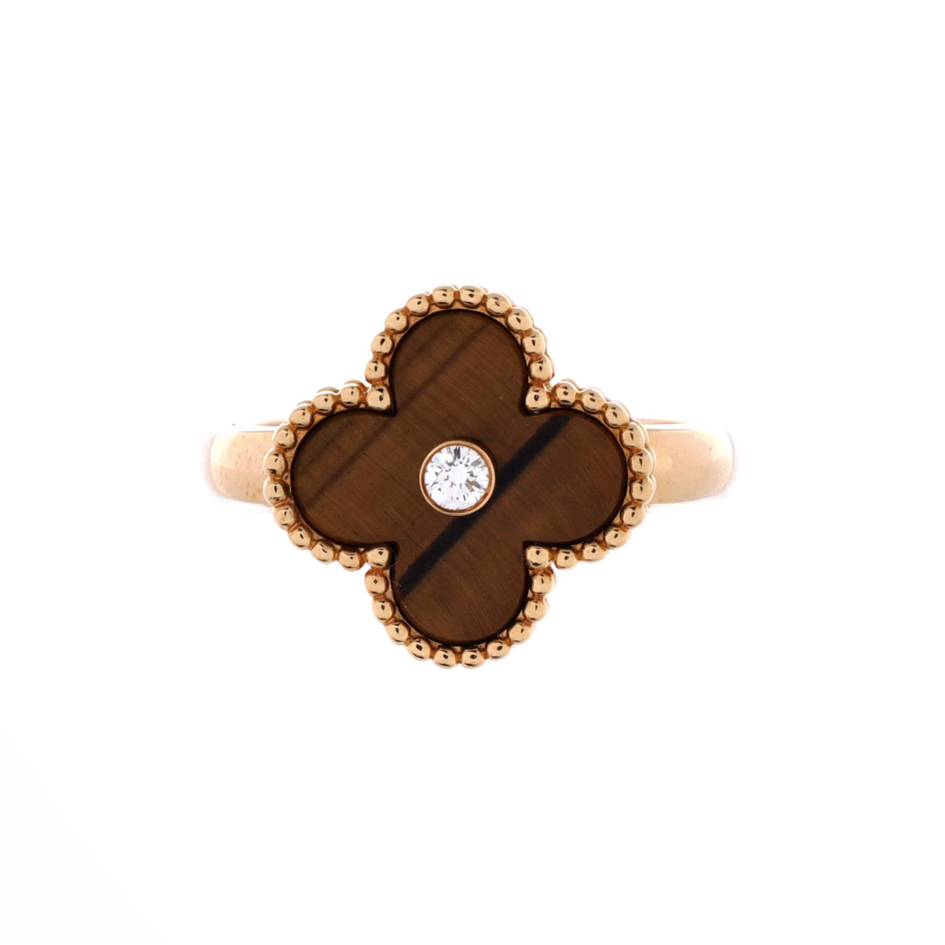 Vintage Alhambra Ring 18K Yellow Gold and Tiger Eye with Diamond