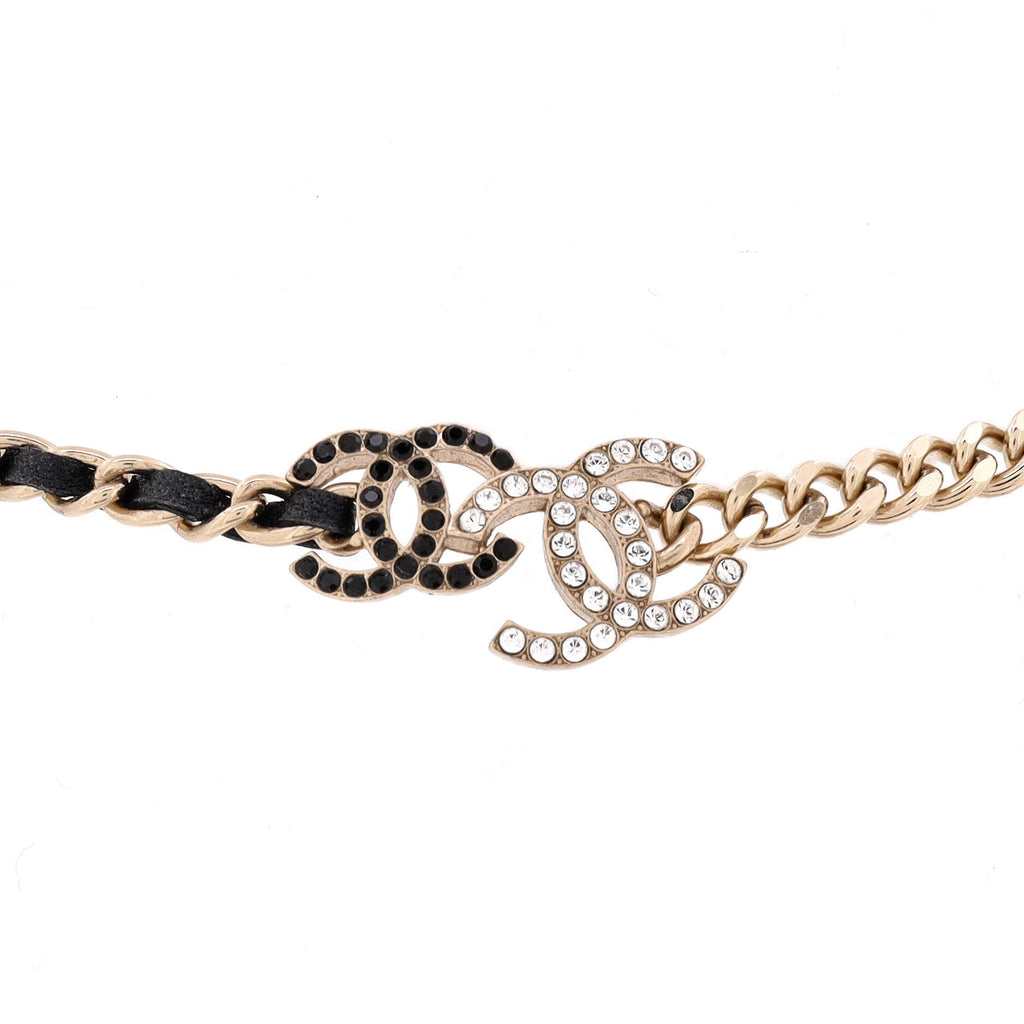 Double CC Chain Choker Necklace Metal with Leather and Crystals