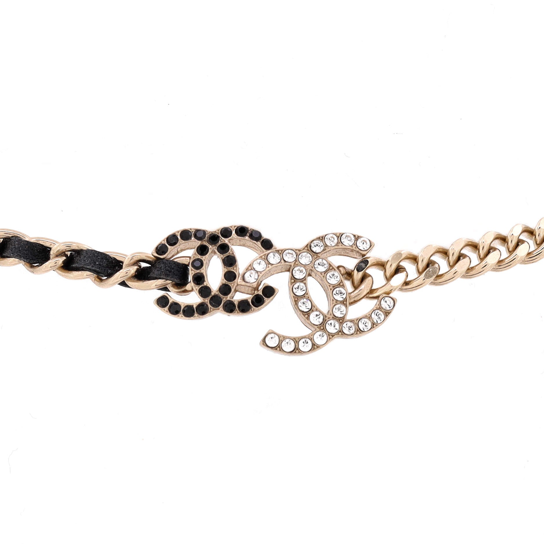 Double CC Chain Choker Necklace Metal with Leather and Crystals