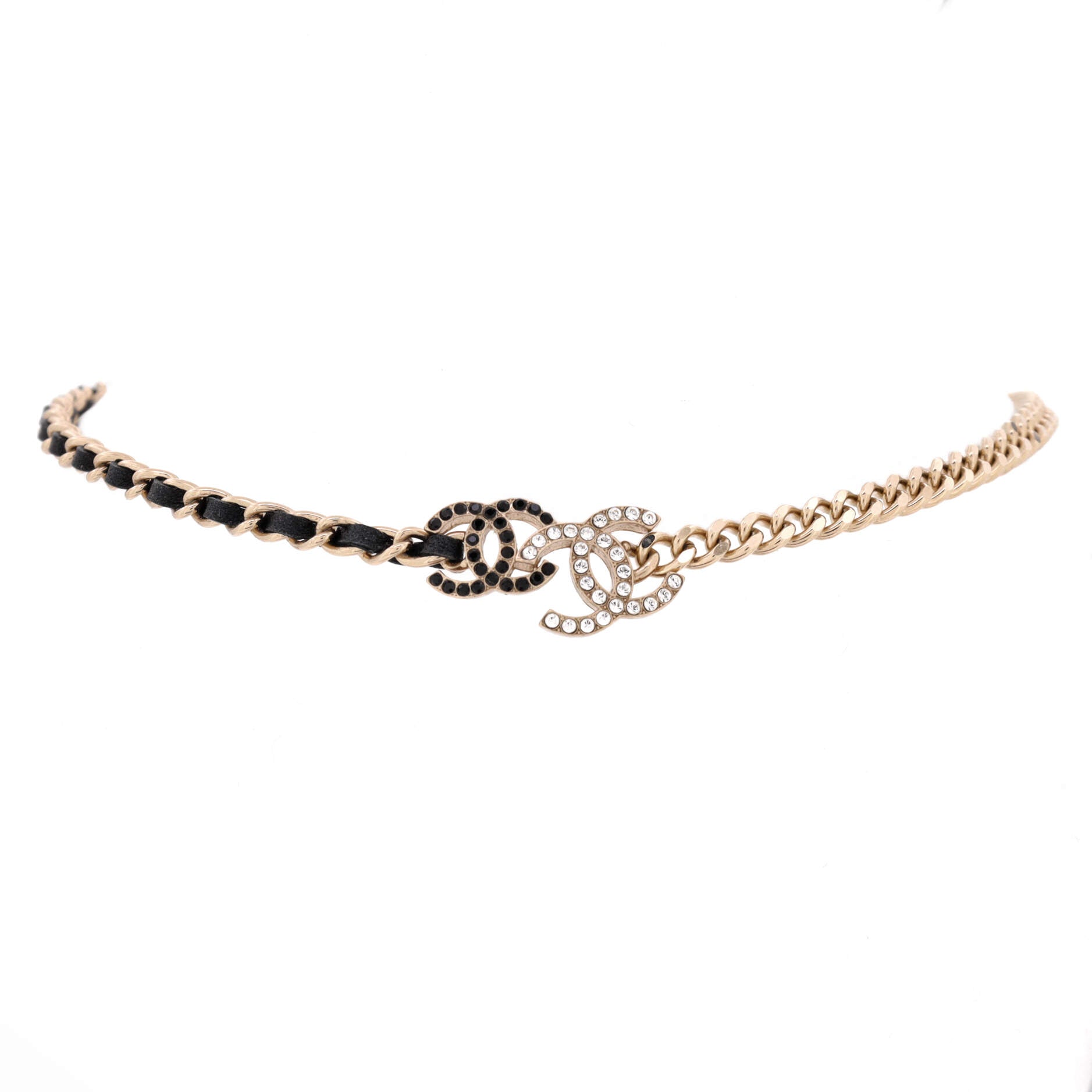 Double CC Chain Choker Necklace Metal with Leather and Crystals