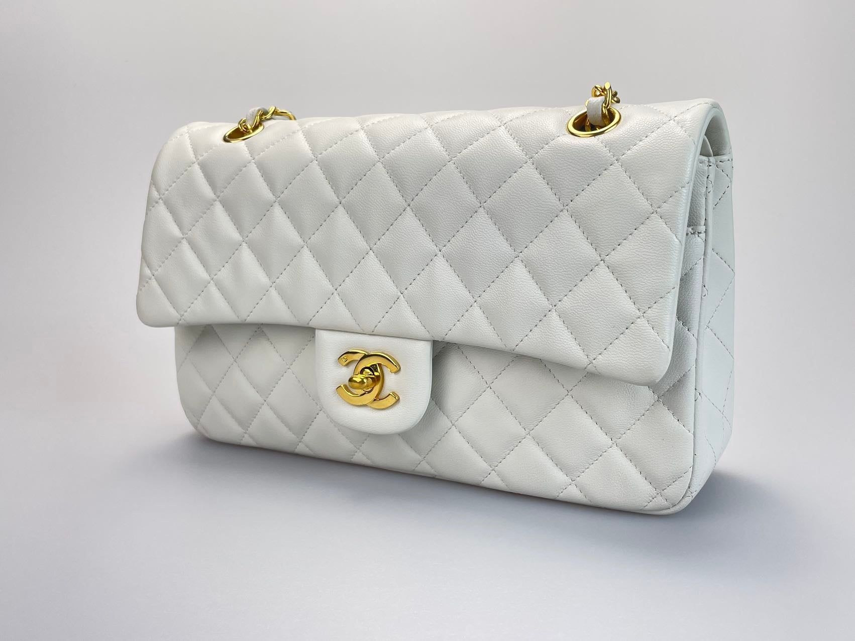 Chanel  Vinateg White Classic Flap Bag  with Gold Hardware