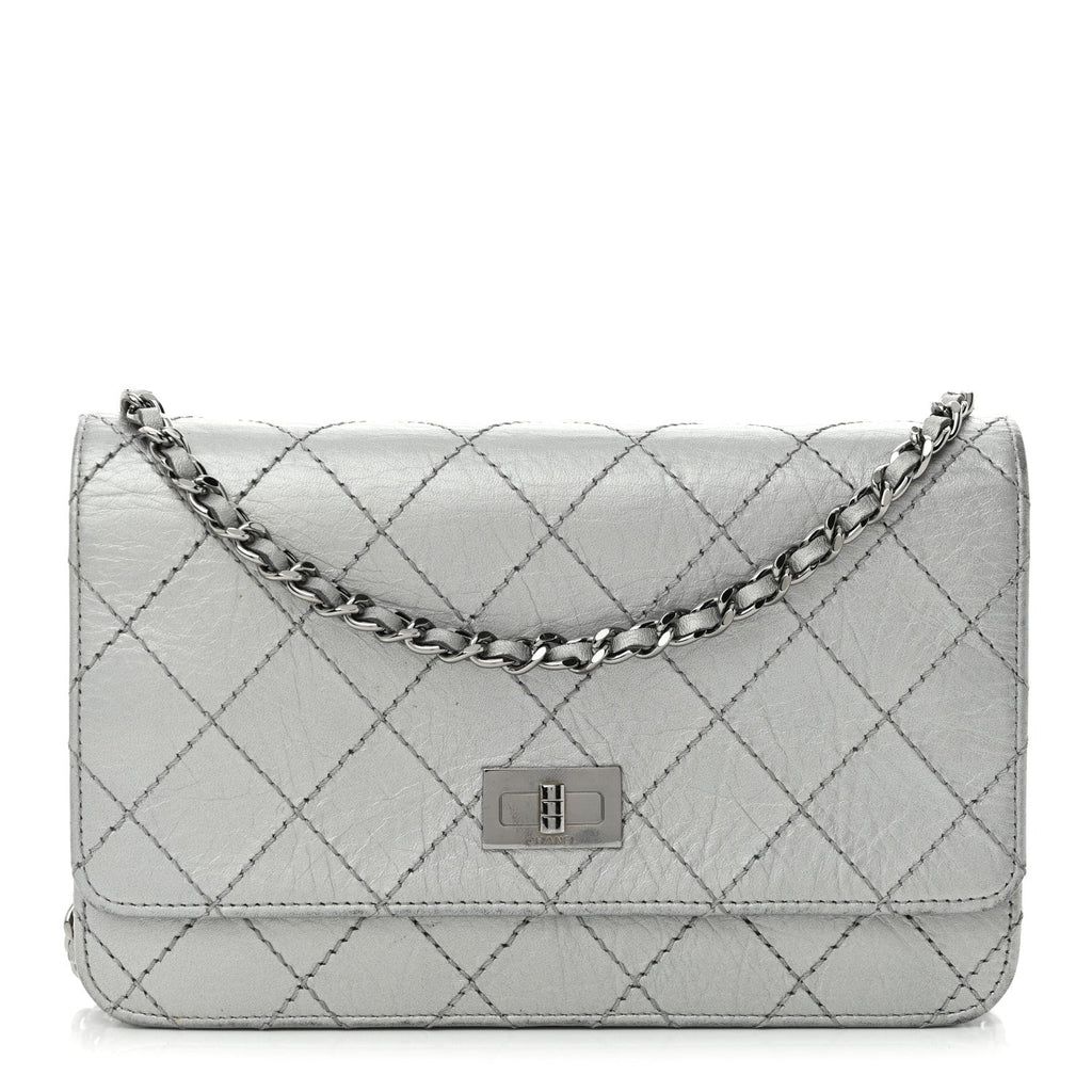 Metallic Aged Calfskin Quilted Reissue Wallet On Chain WOC Silver