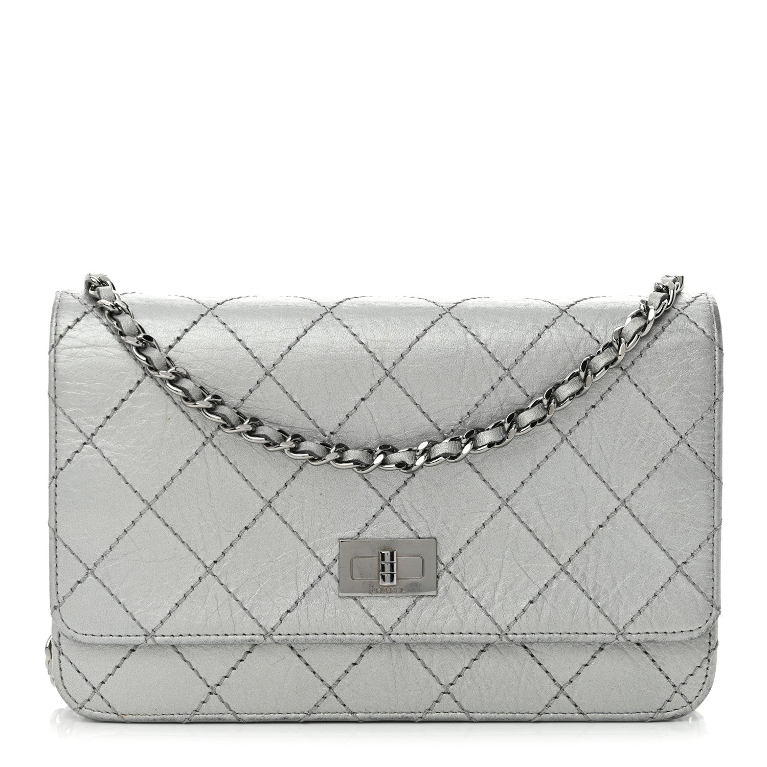 Metallic Aged Calfskin Quilted Reissue Wallet On Chain WOC Silver