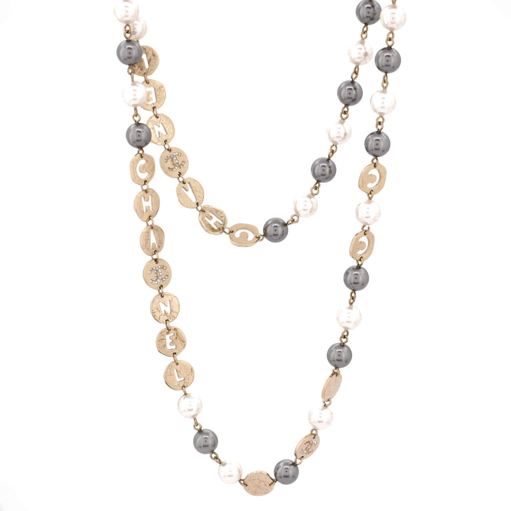 CC Long Logo Necklace Faux Pearls with Metal and Crystals