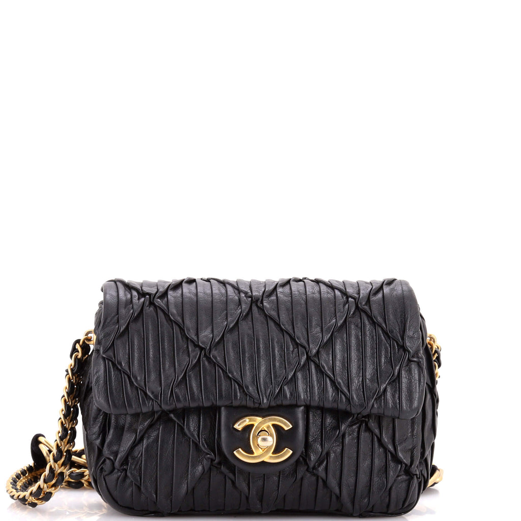 Woven Strap Medallion Chain Flap Bag Quilted Pleated Calfskin Small
