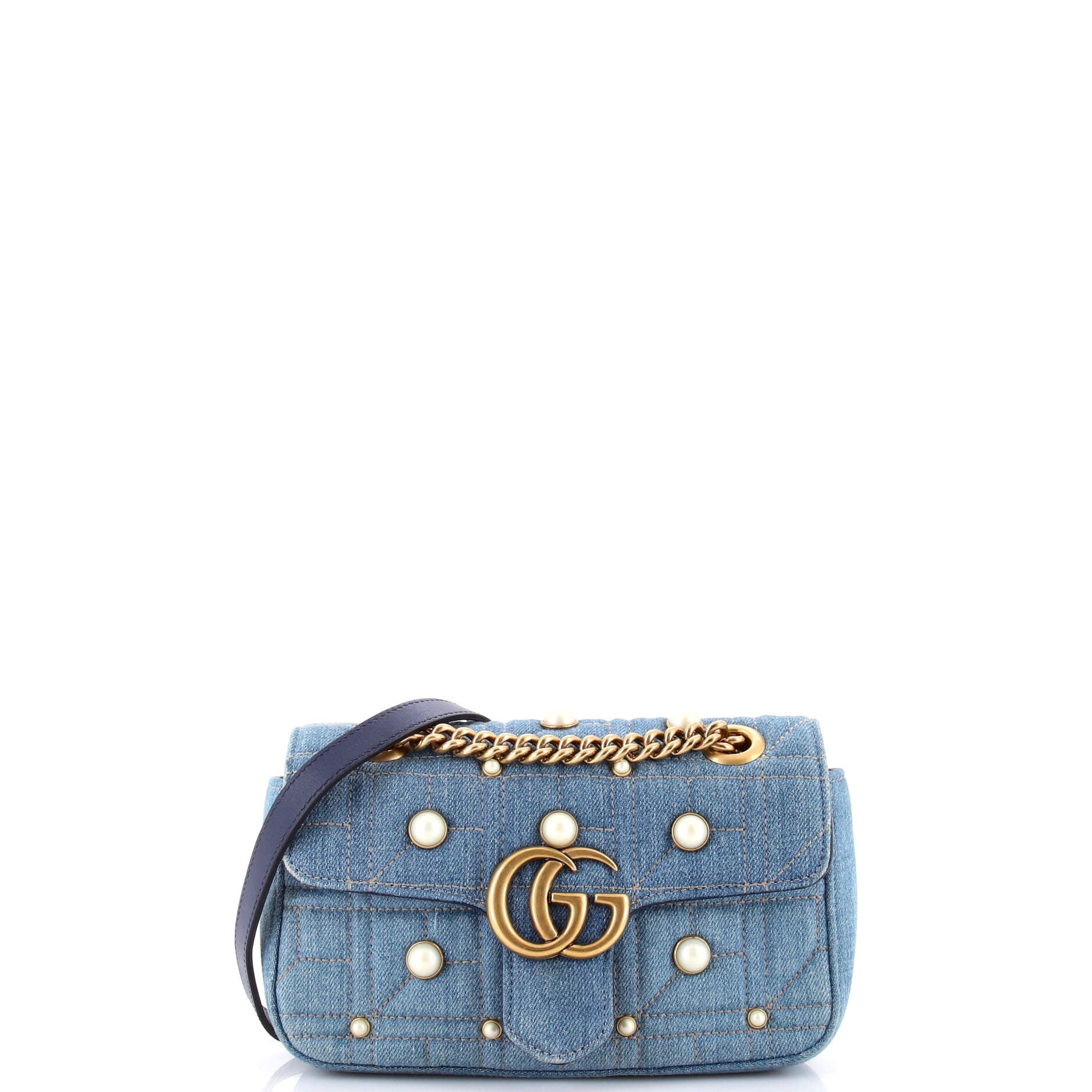 Pearly GG Marmont Flap Bag Embellished Matelasse Denim Mini