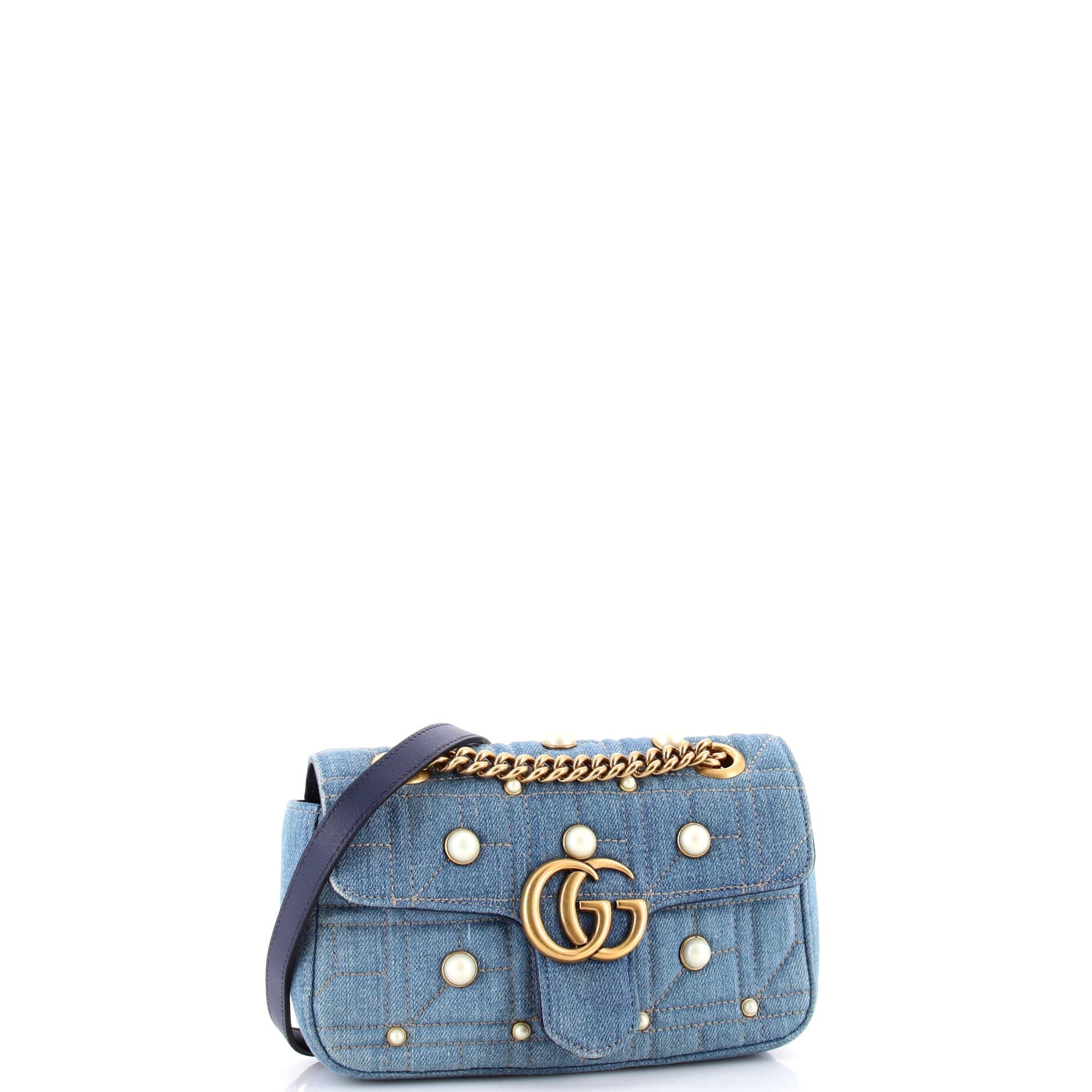 Pearly GG Marmont Flap Bag Embellished Matelasse Denim Mini