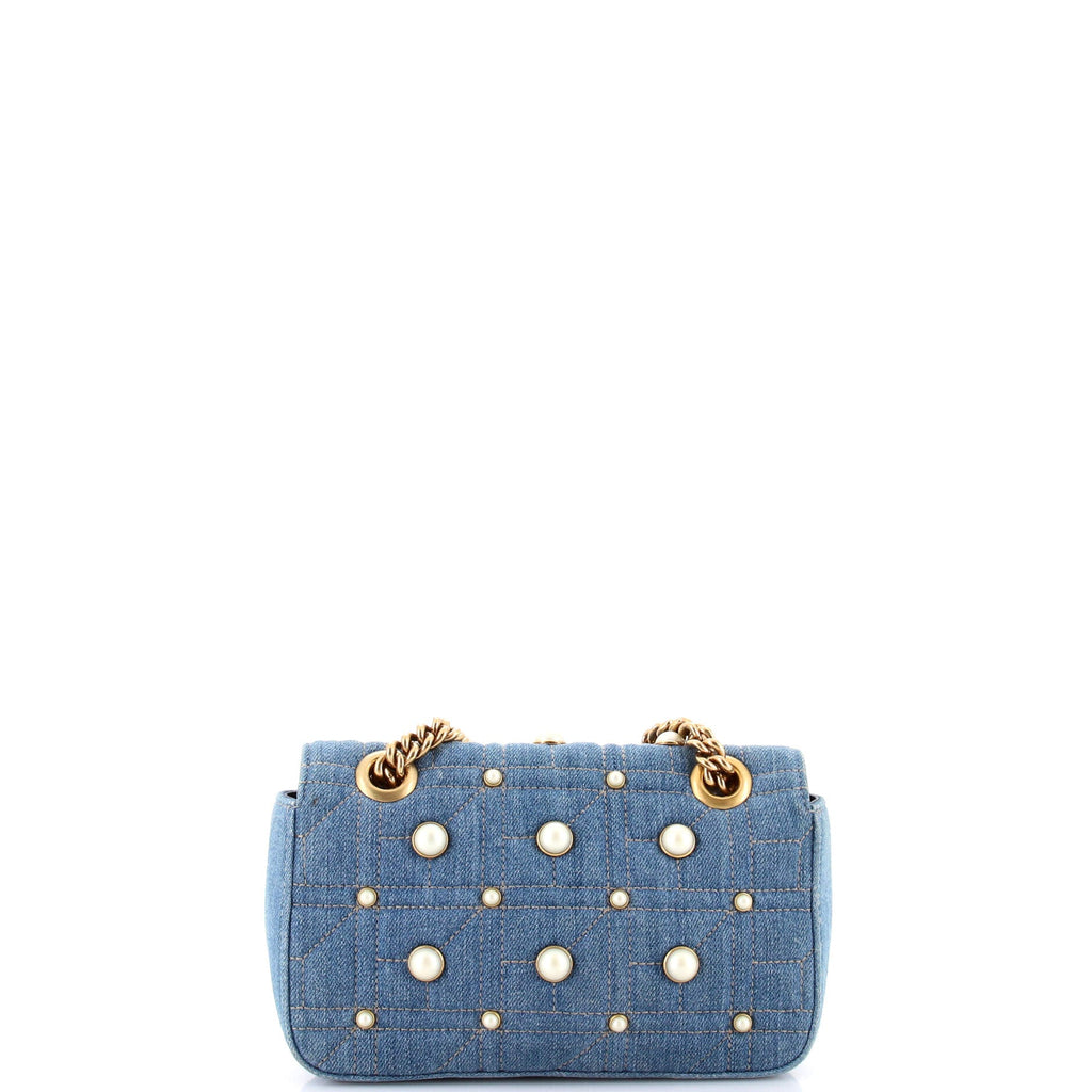 Pearly GG Marmont Flap Bag Embellished Matelasse Denim Mini