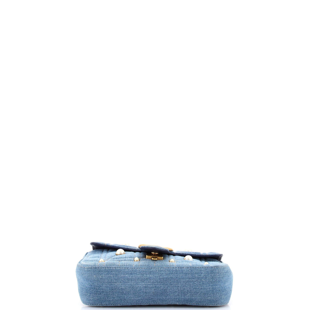 Pearly GG Marmont Flap Bag Embellished Matelasse Denim Mini