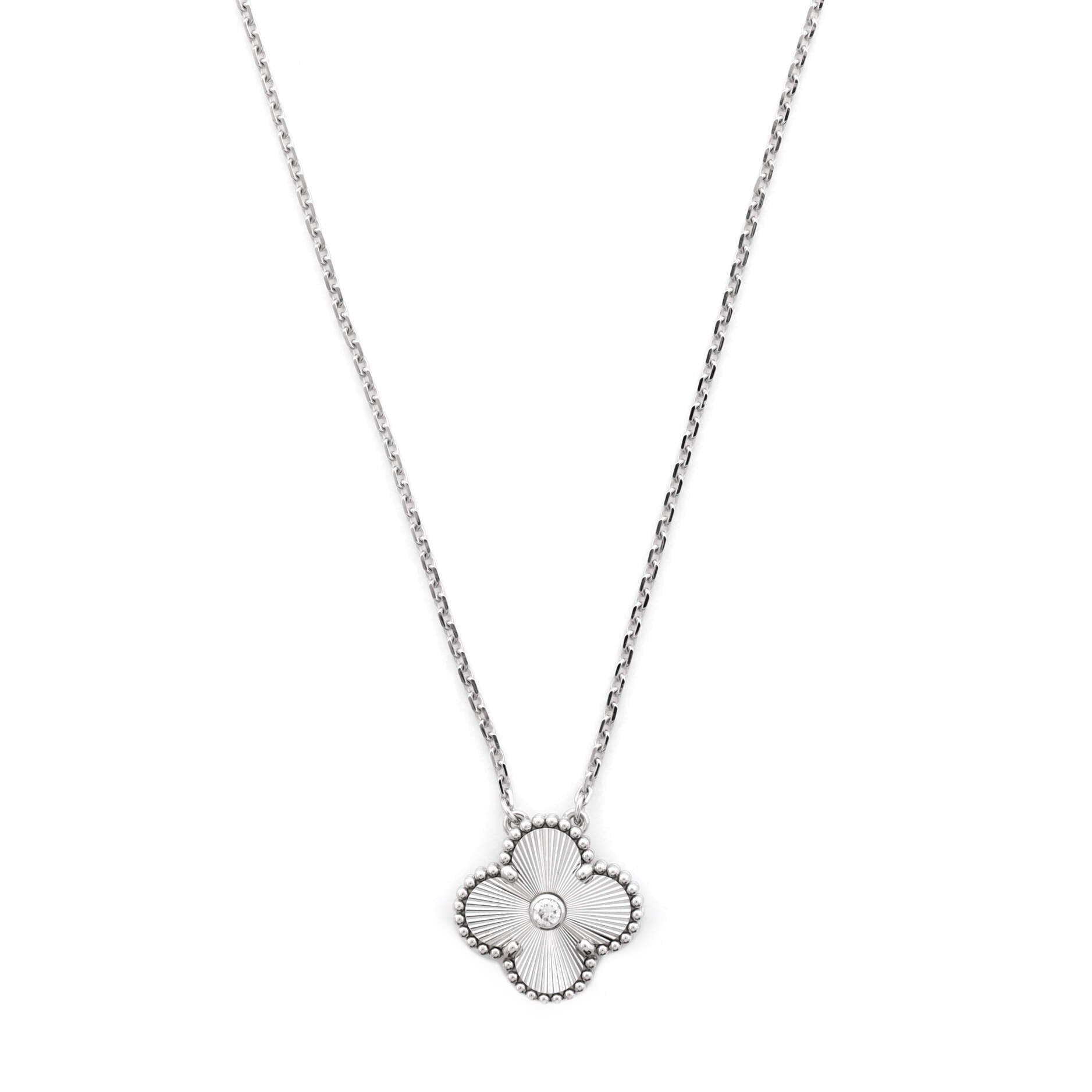 Vintage Alhambra Pendant Necklace Guilloche 18K White Gold with Diamond