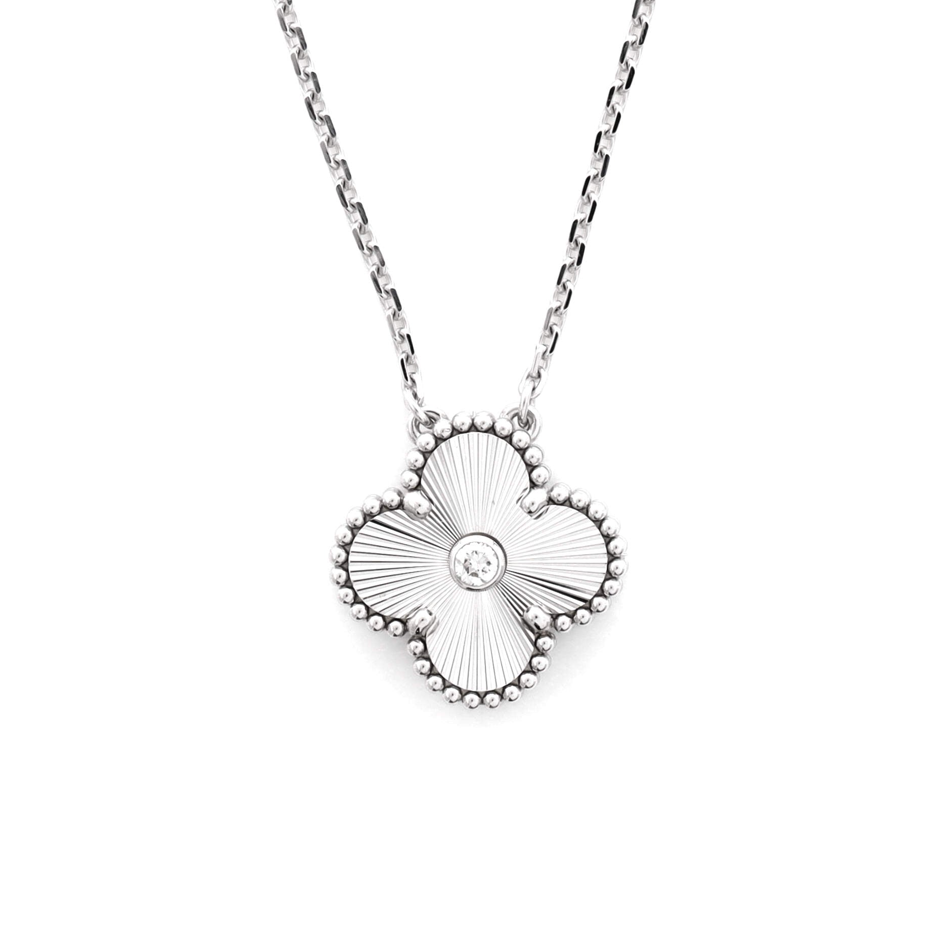 Vintage Alhambra Pendant Necklace Guilloche 18K White Gold with Diamond
