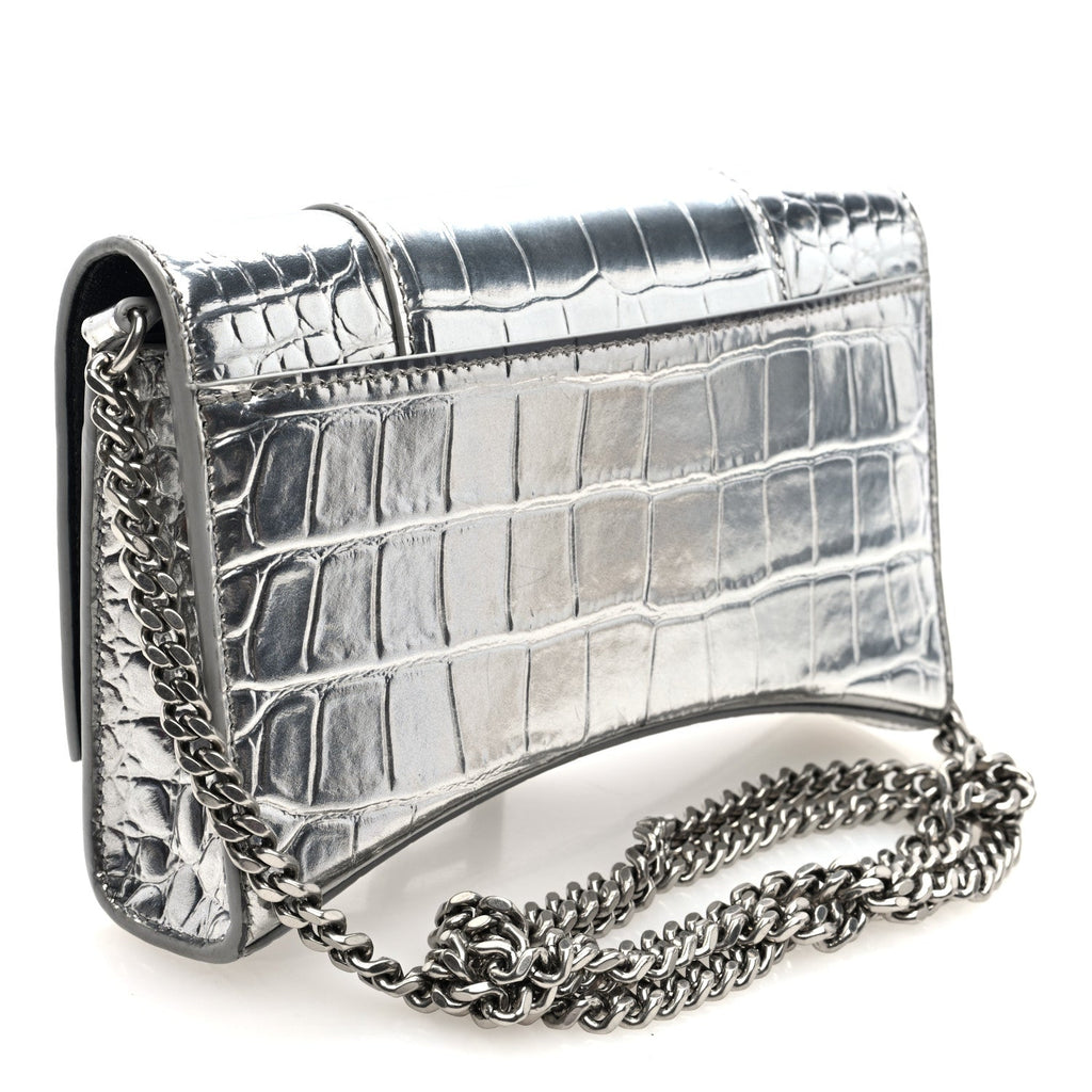 Metallic Calfskin Crocodile Embossed Hourglass Chain Bag Silver