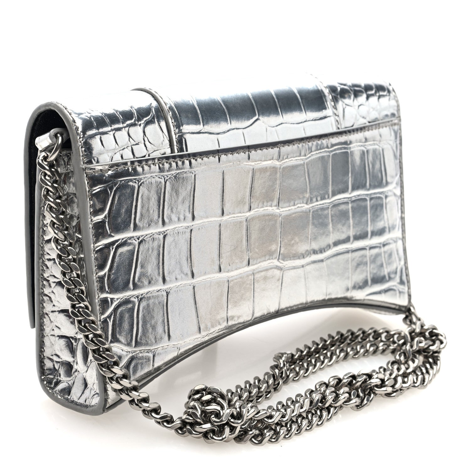 Metallic Calfskin Crocodile Embossed Hourglass Chain Bag Silver