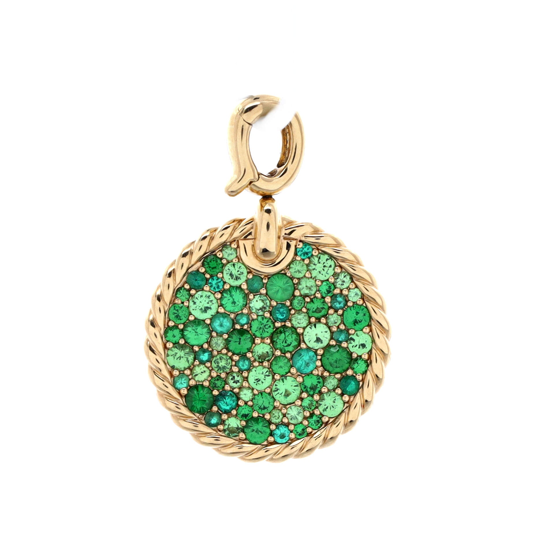 DY Elements Disc Pendant Necklace 18K Yellow Gold with Pave Emeralds and Tsavorites 24