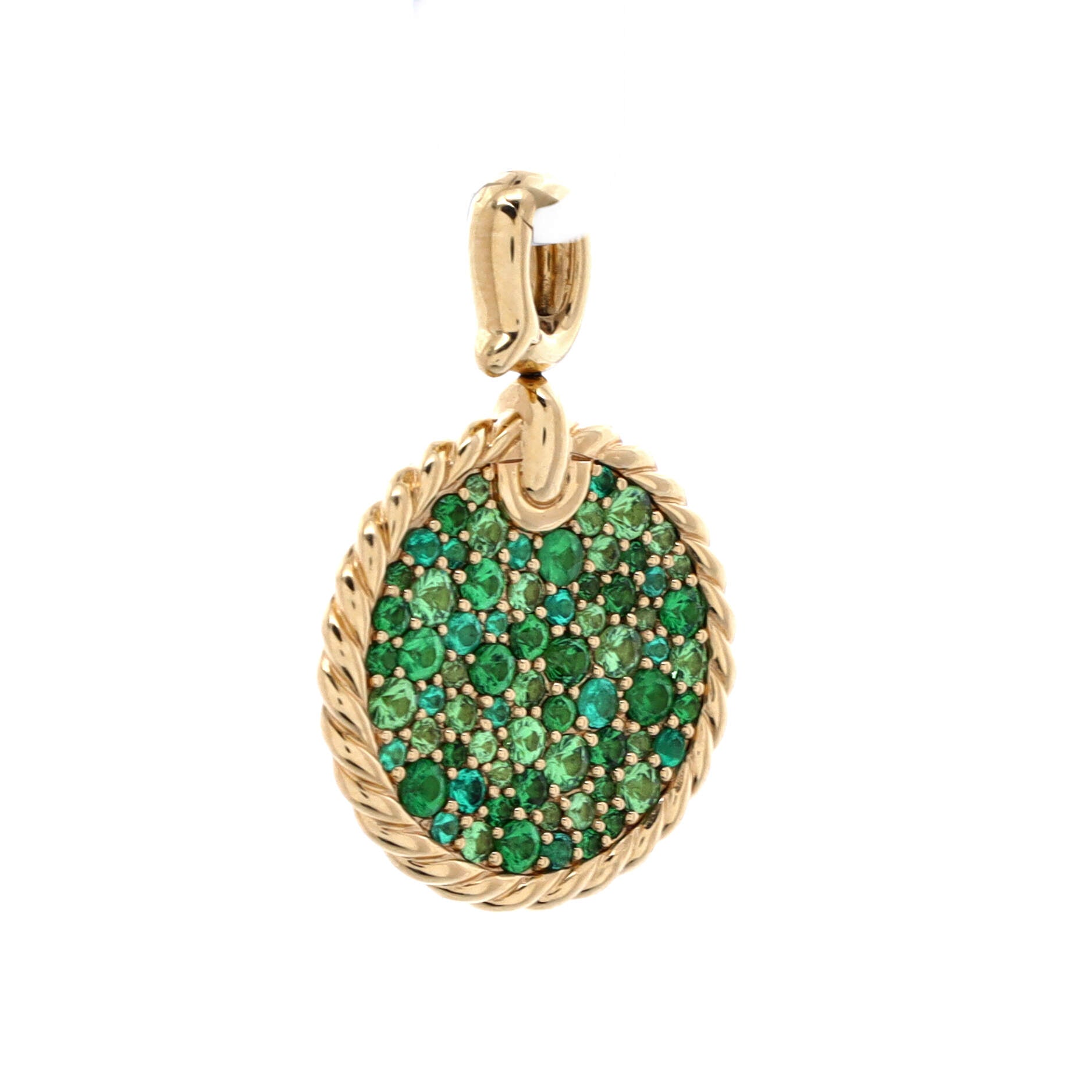 DY Elements Disc Pendant Necklace 18K Yellow Gold with Pave Emeralds and Tsavorites 24
