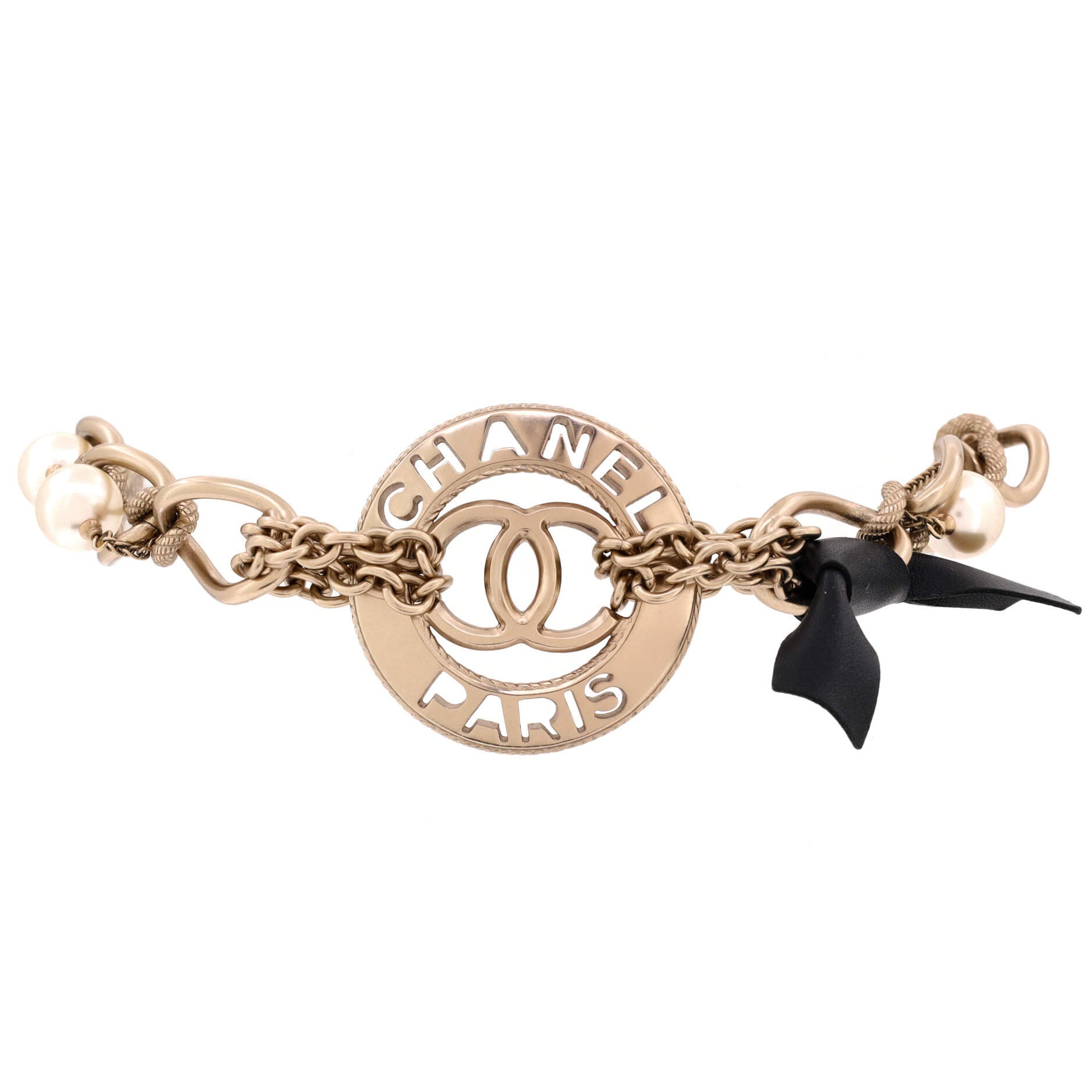 CC Paris Medallion Choker Necklace Bracelet Metal with Faux Pearl and Leather