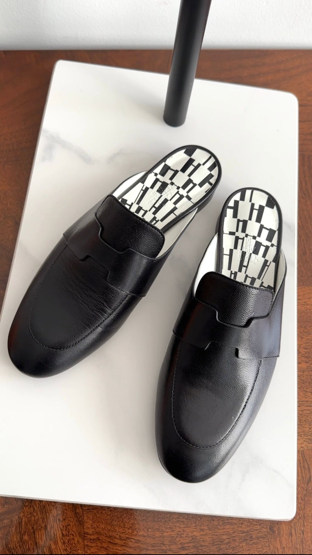 Hermes Black Leather Catena Mule with Black White Interior - 37