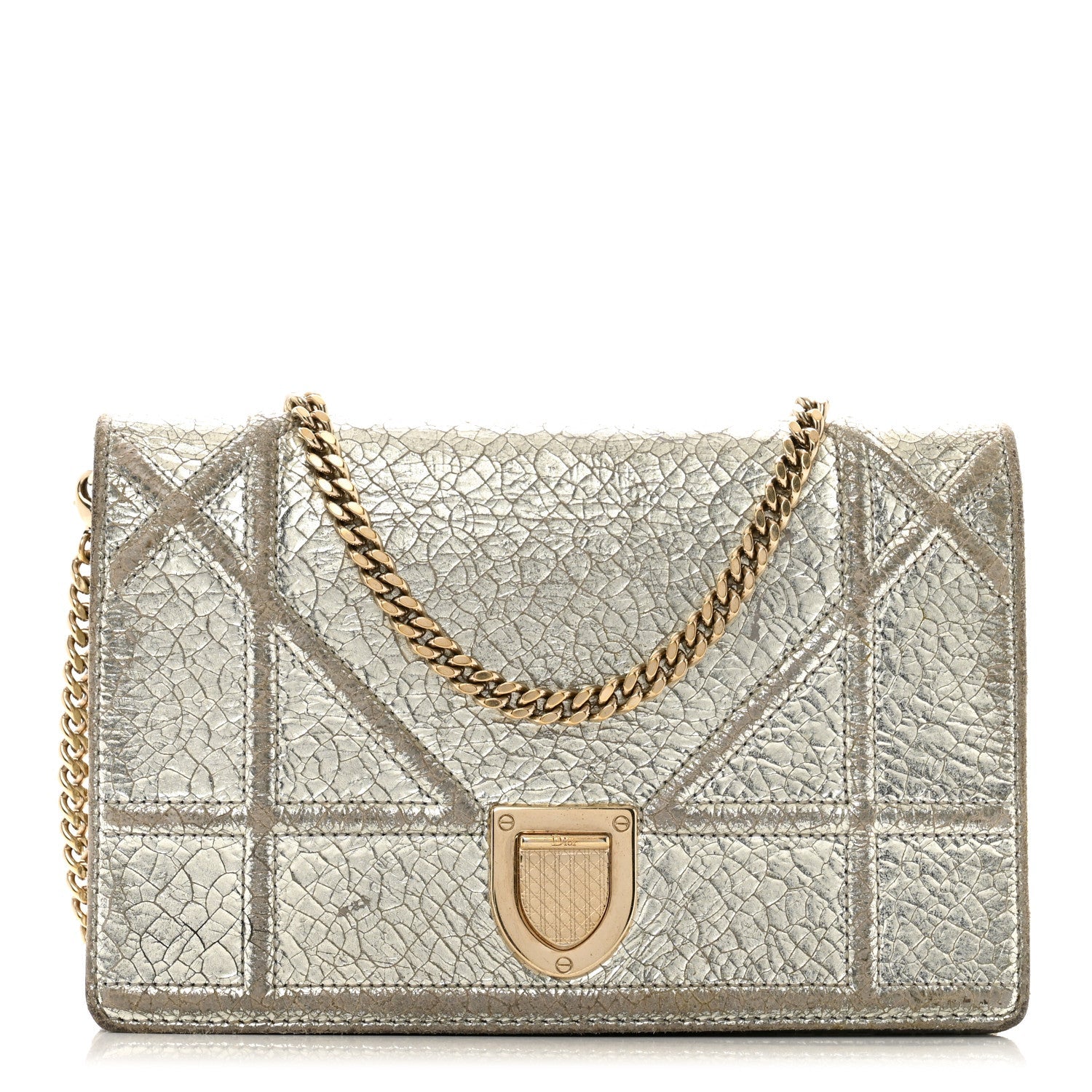 Metallic Ceramic Effect Deerskin Diorama Wallet on Chain Pouch Silver