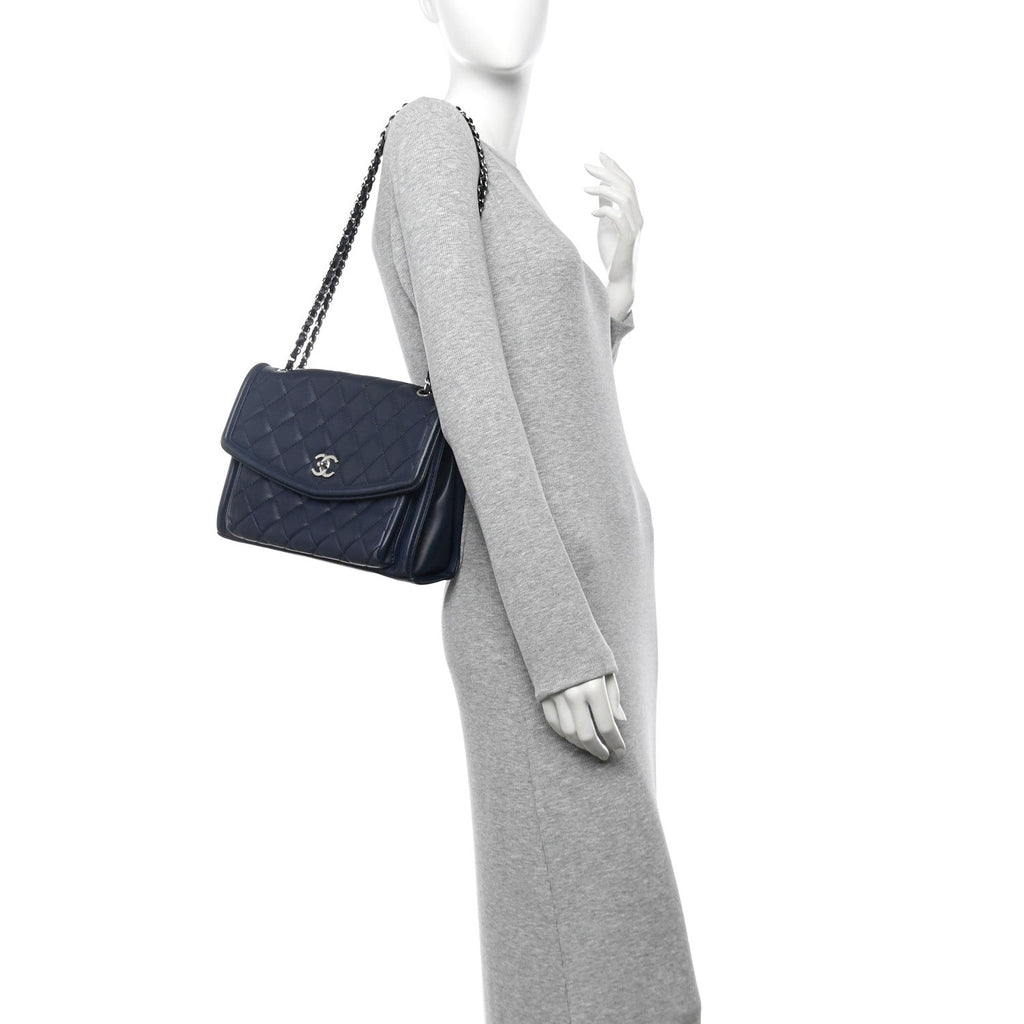 Lambskin Quilted Large Geometric Flap Navy