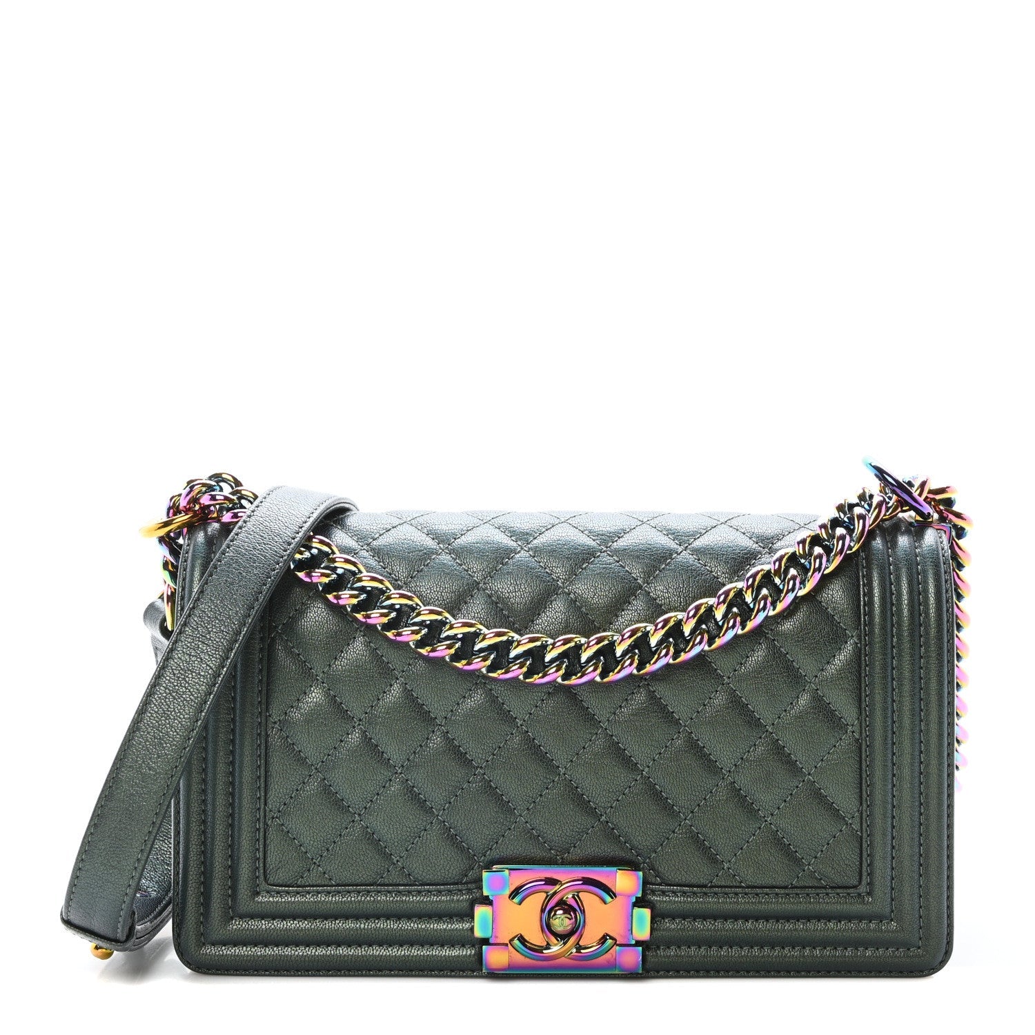 Iridescent Goatskin Quilted Medium Boy Flap Green