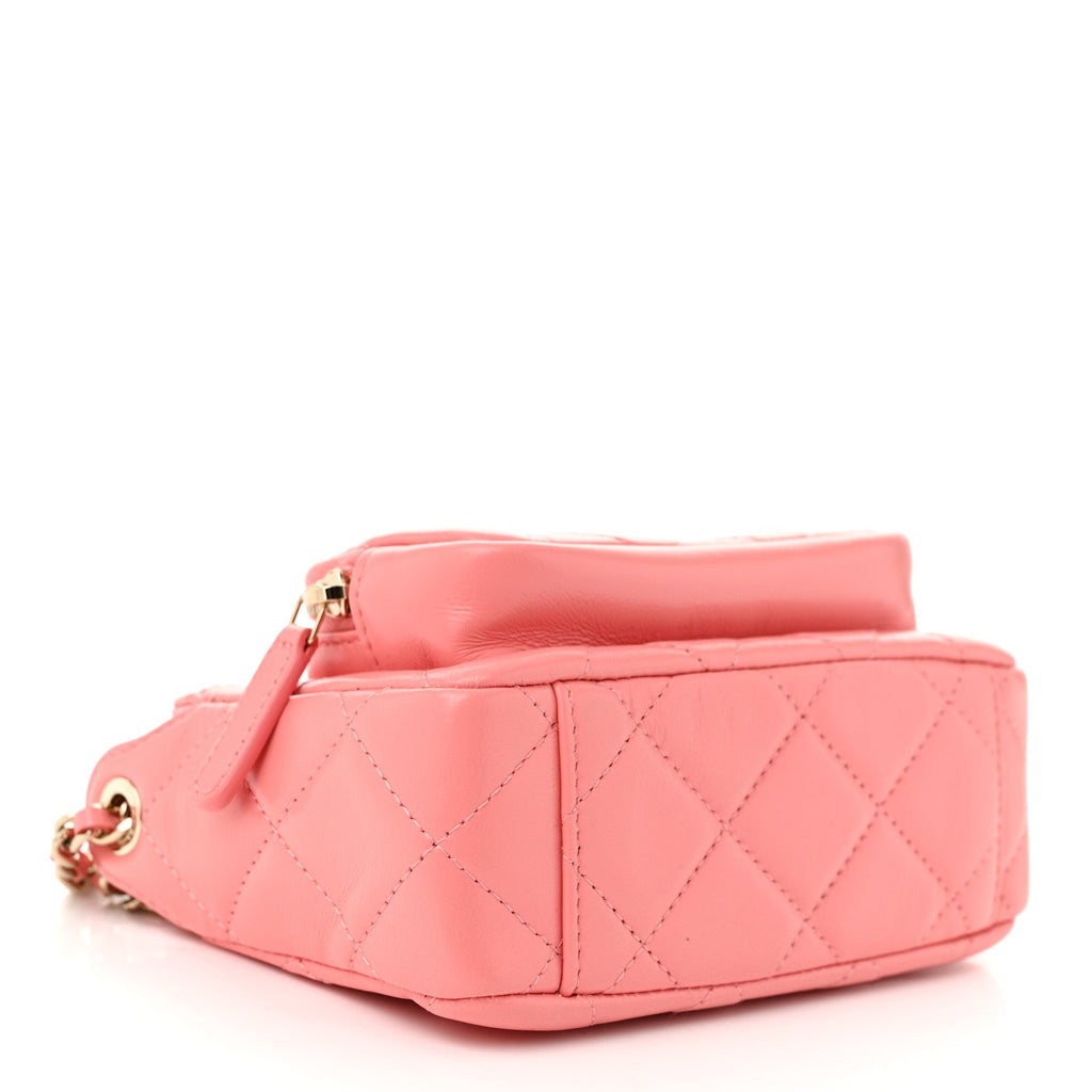Shiny Crumpled Lambskin Quilted Mini Clutch With Chain  Pink