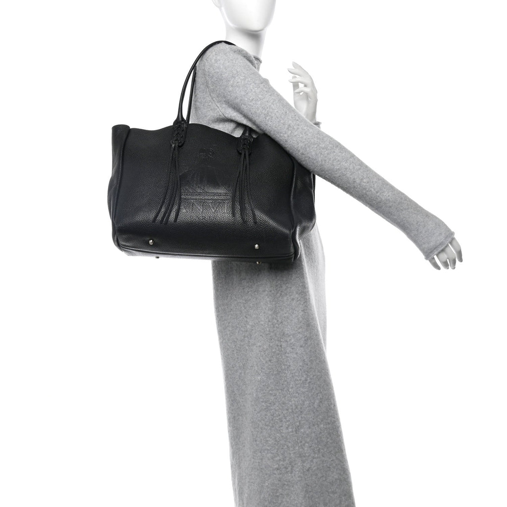 Grained Calfskin Logo Small Fringe Shopper Tote Black