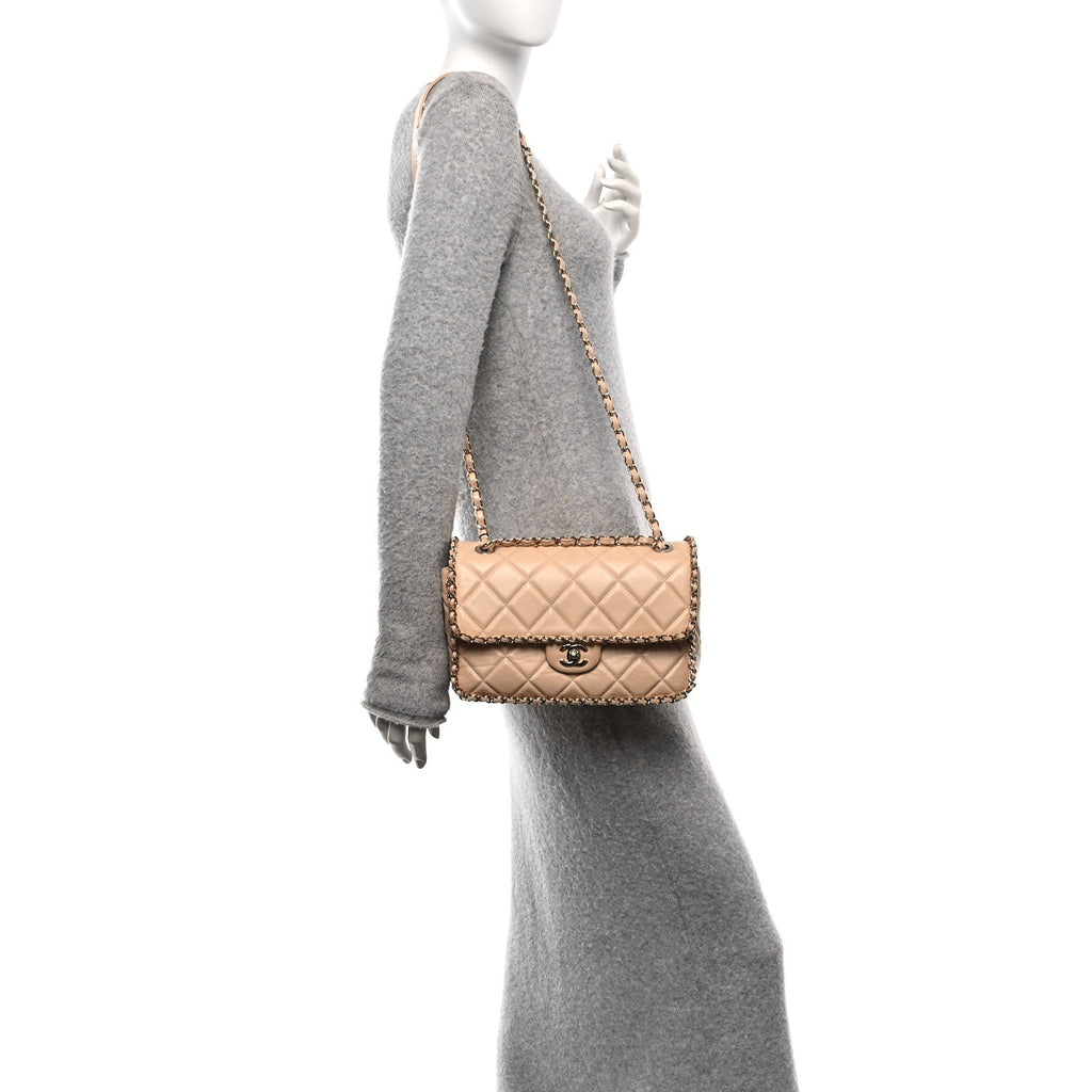 Crumpled Calfskin Medium Chain All Over Flap Beige