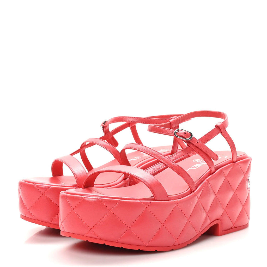 Calfskin Quilted Wedge Logo Sandals 37 Red