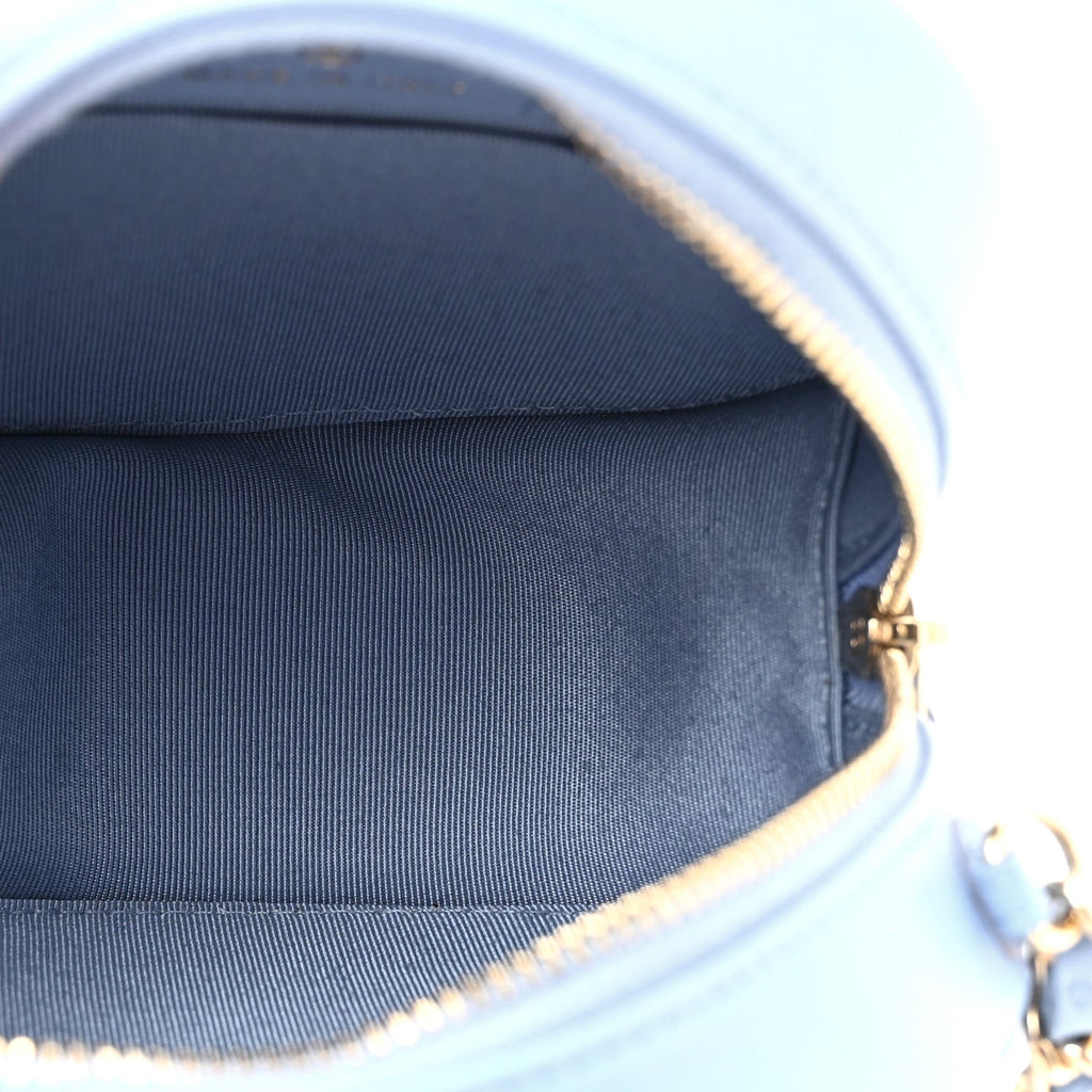Lambskin Quilted Round Clutch With Chain Light Blue