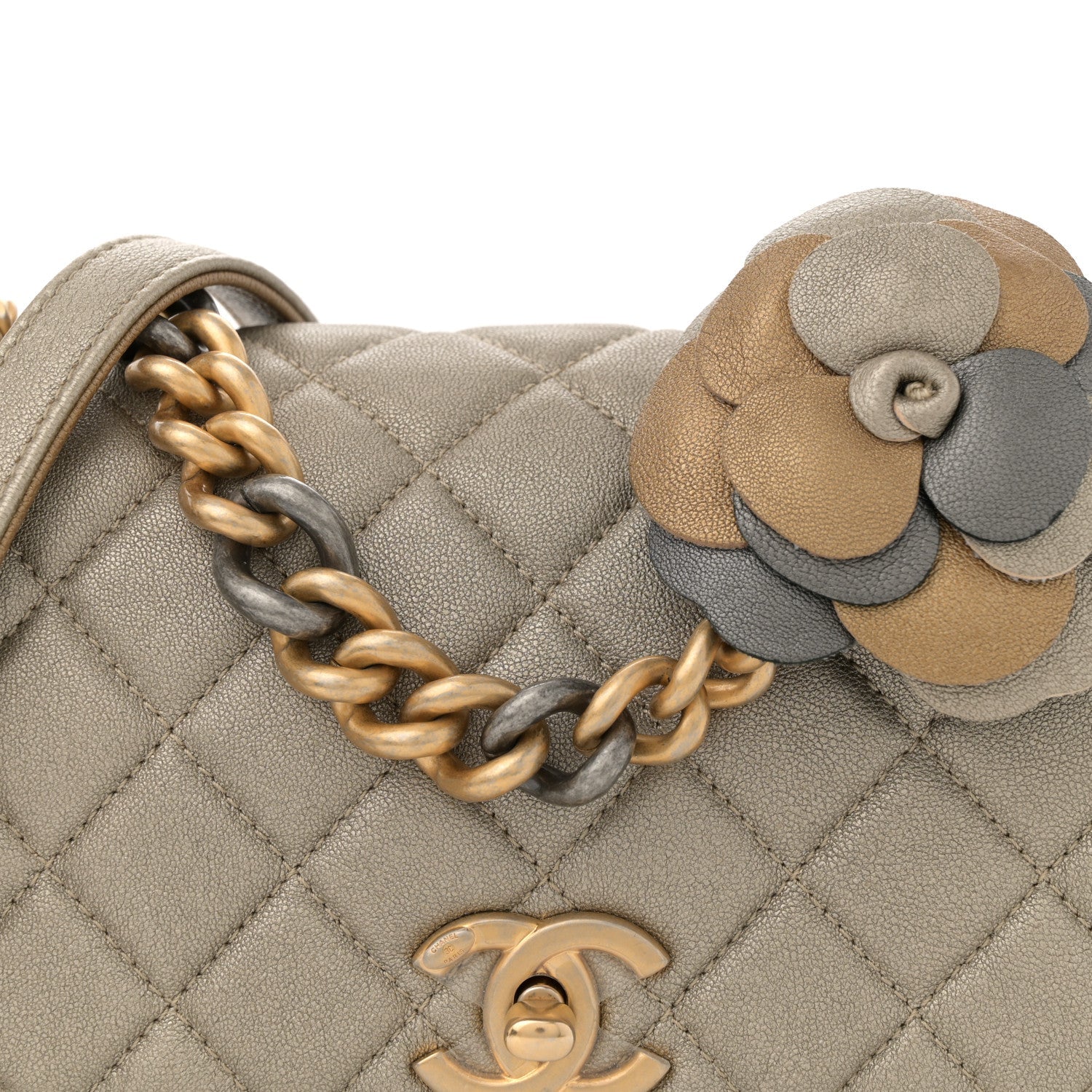Metallic Lambskin Quilted Camellia Flower Flap Pale Gold Silver Dark Gold