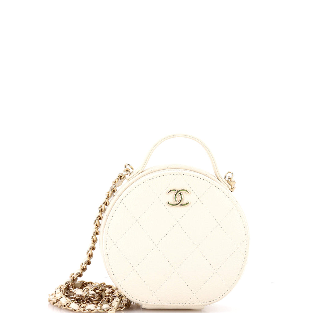 Handle with Care Round Vanity Case with Chain Quilted Caviar Small