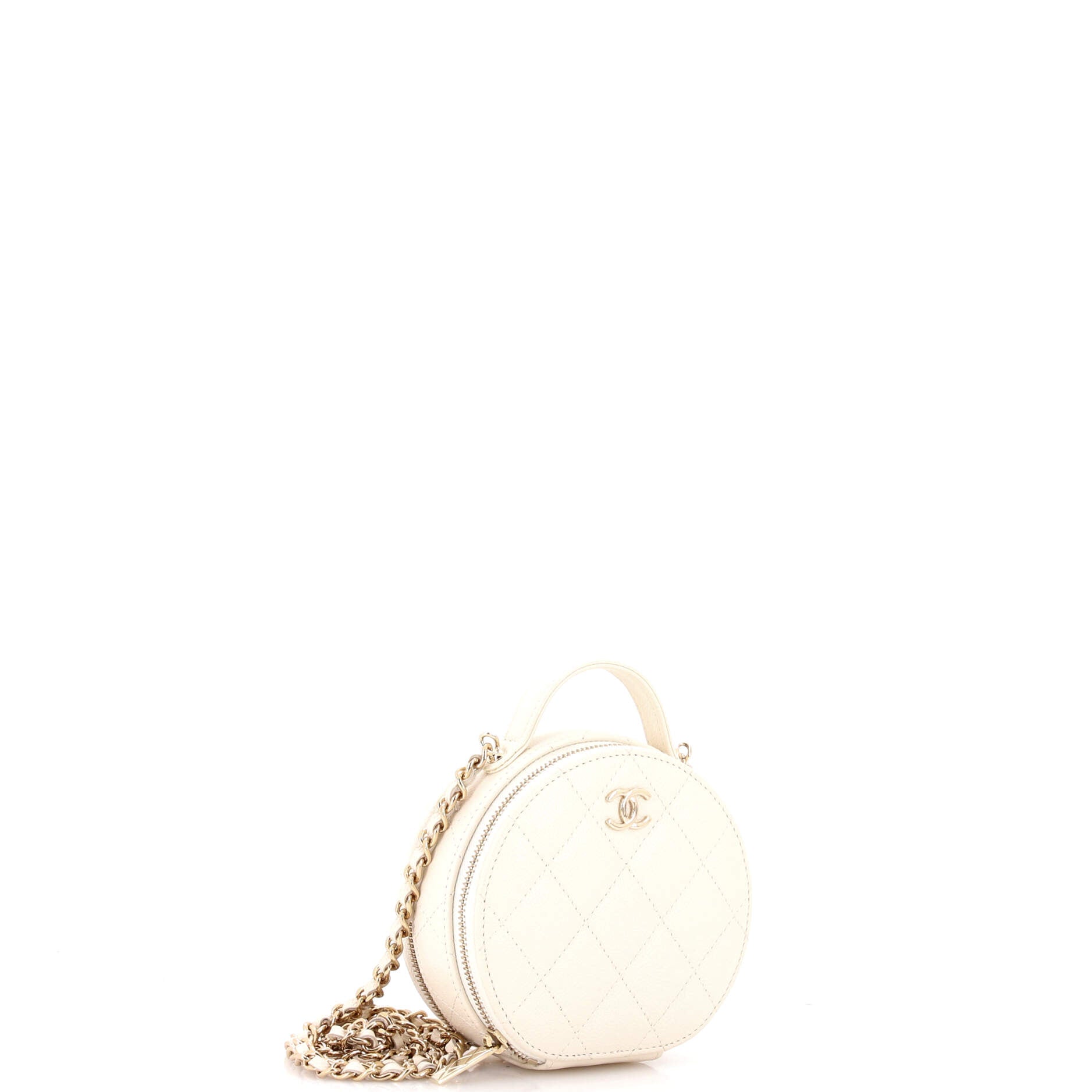 Handle with Care Round Vanity Case with Chain Quilted Caviar Small