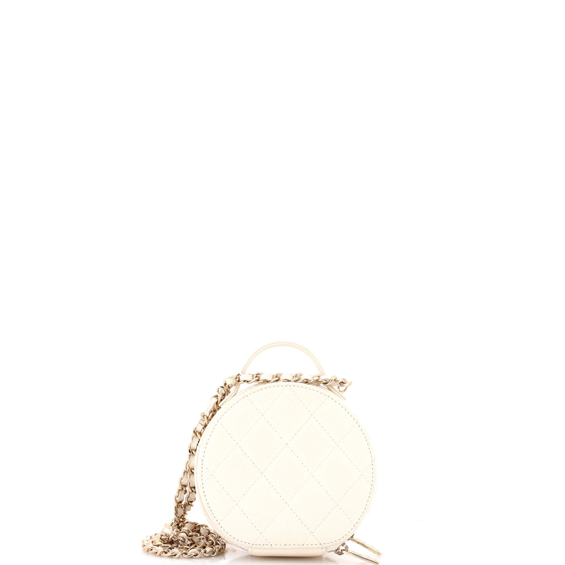 Handle with Care Round Vanity Case with Chain Quilted Caviar Small
