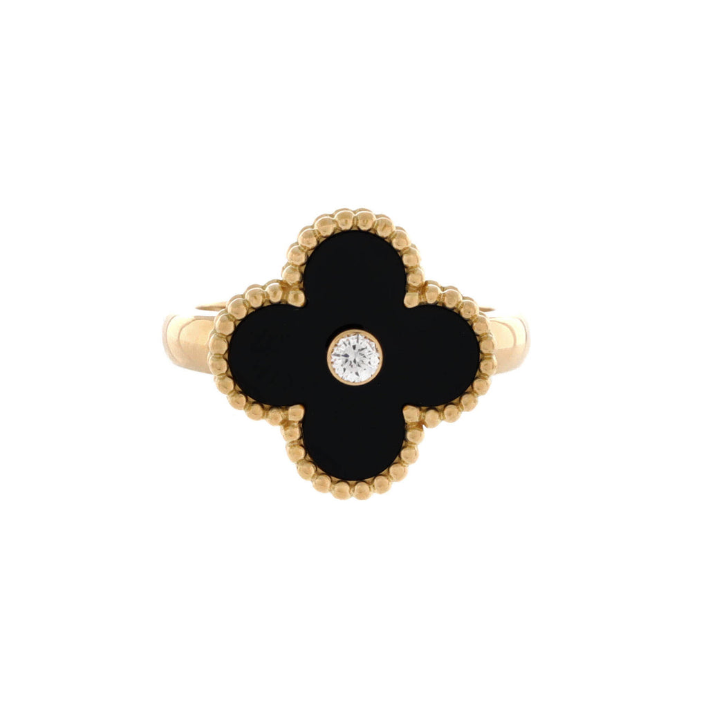 Vintage Alhambra Ring 18K Yellow Gold with Onyx and Diamond