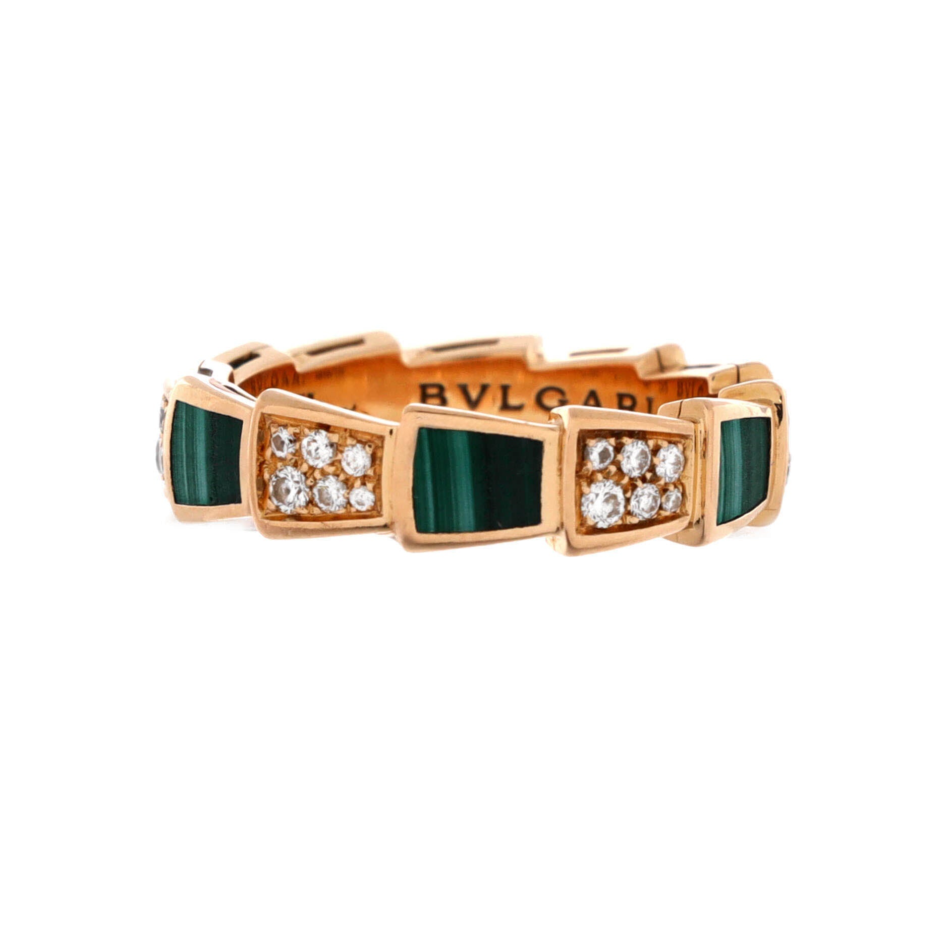 Serpenti Viper Ring 18K Rose Gold with Malachite and Diamonds Large
