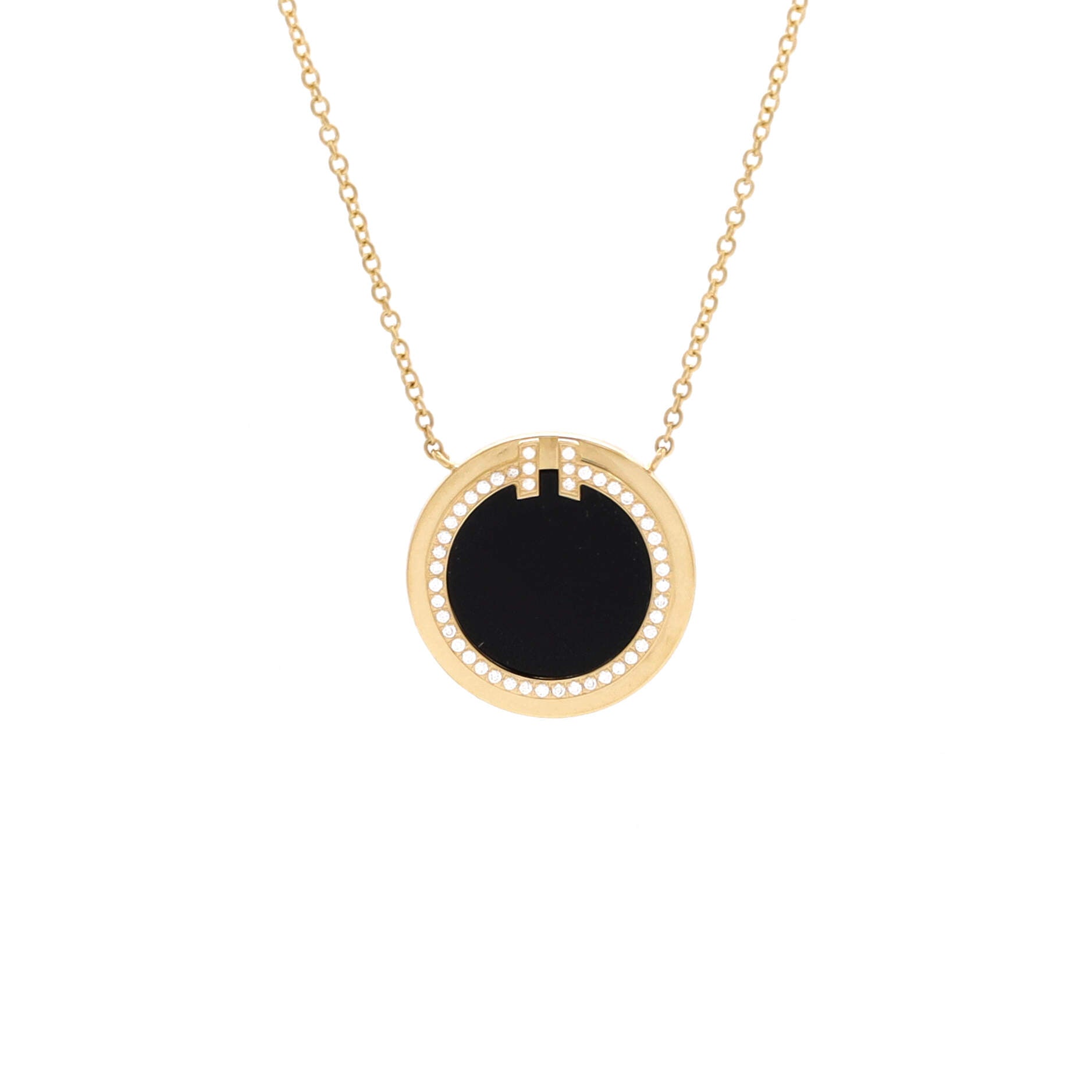 T Circle Pendant Necklace 18K Yellow Gold with Onyx and Diamonds Large
