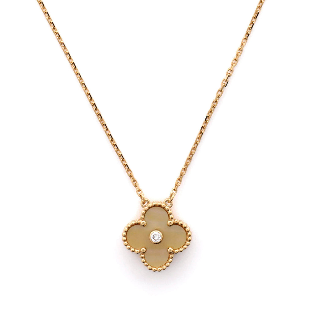 Vintage Alhambra Pendant Necklace 18K Yellow Gold and Gold Mother of Pearl with Diamond