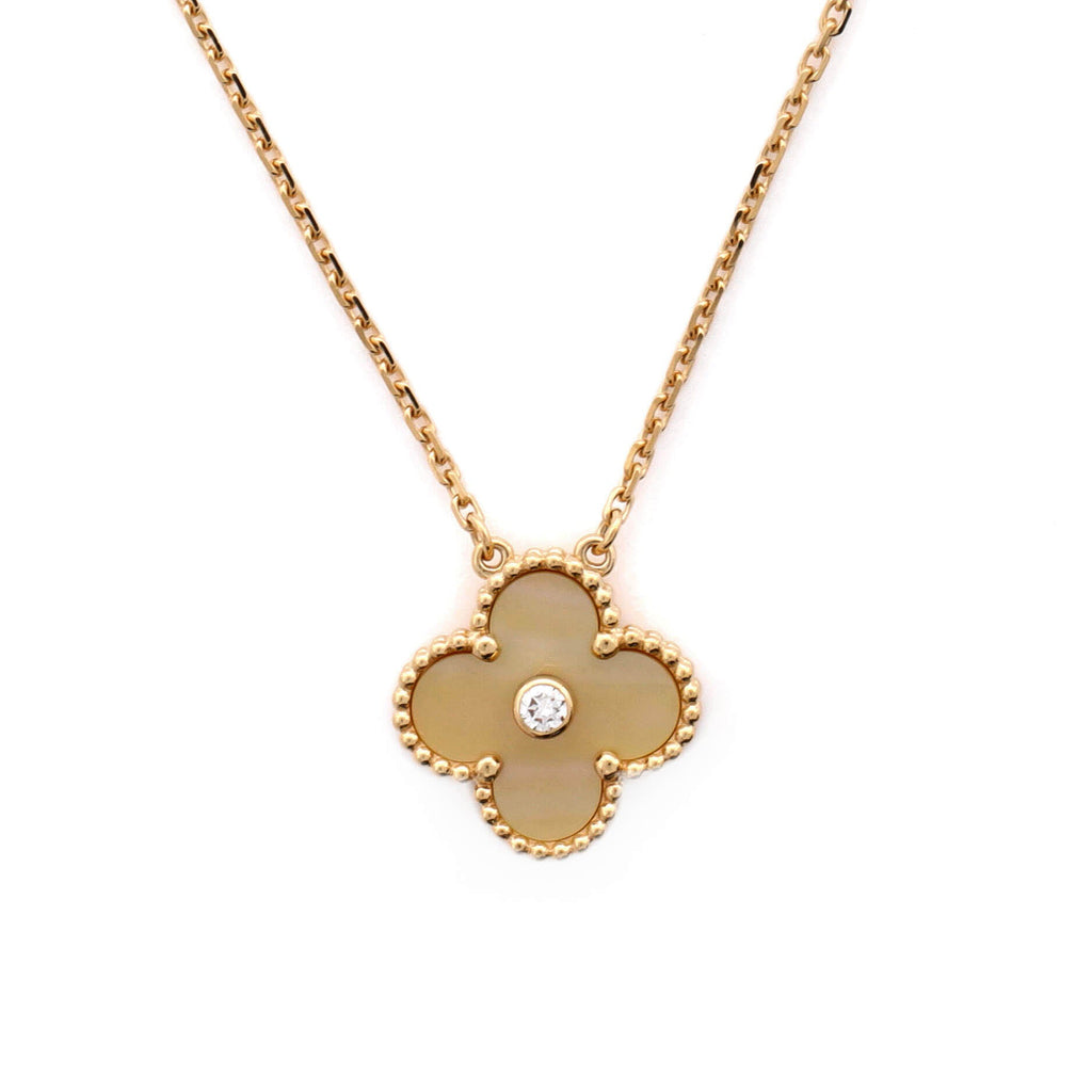 Vintage Alhambra Pendant Necklace 18K Yellow Gold and Gold Mother of Pearl with Diamond